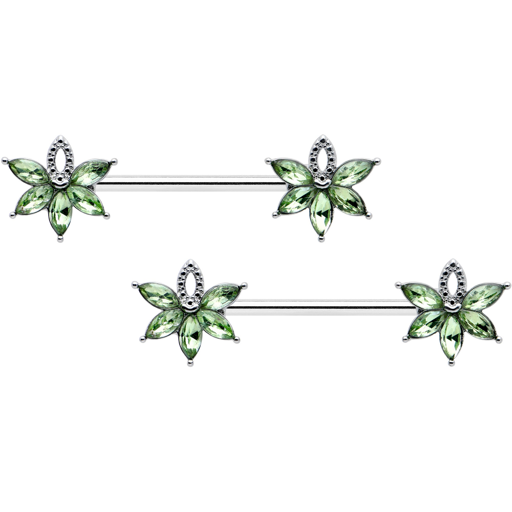 14G 9/16 Green Gem Texture Loopy Pot Leaf Barbell Nipple Ring Set