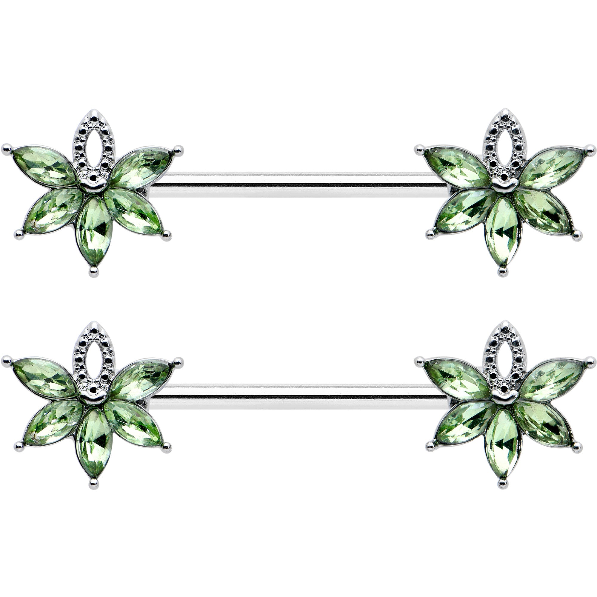 14G 9/16 Green Gem Texture Loopy Pot Leaf Barbell Nipple Ring Set