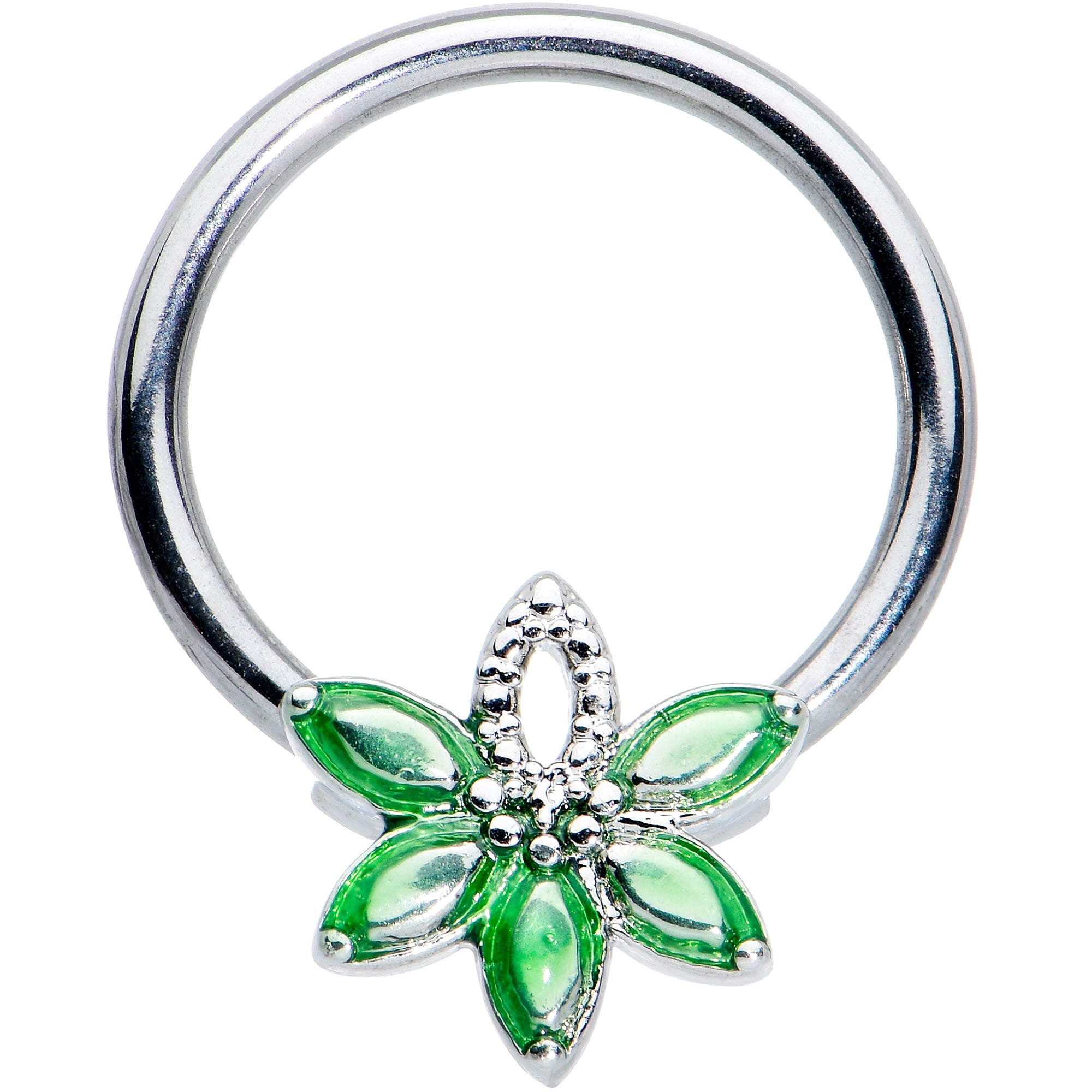 16G 3/8 Green Gem Texture Loopy Pot Leaf BCR Captive Ring