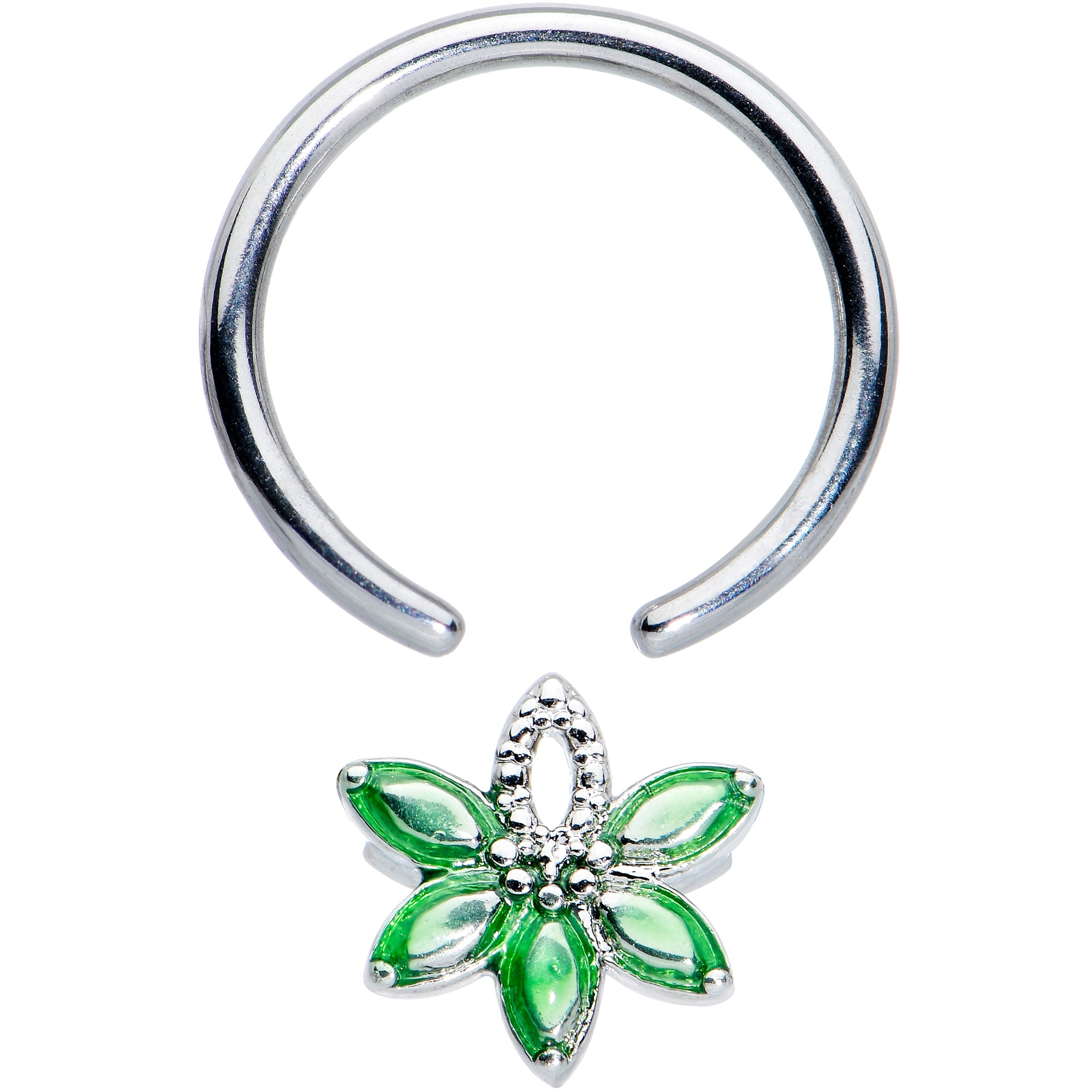 16G 3/8 Green Gem Texture Loopy Pot Leaf BCR Captive Ring