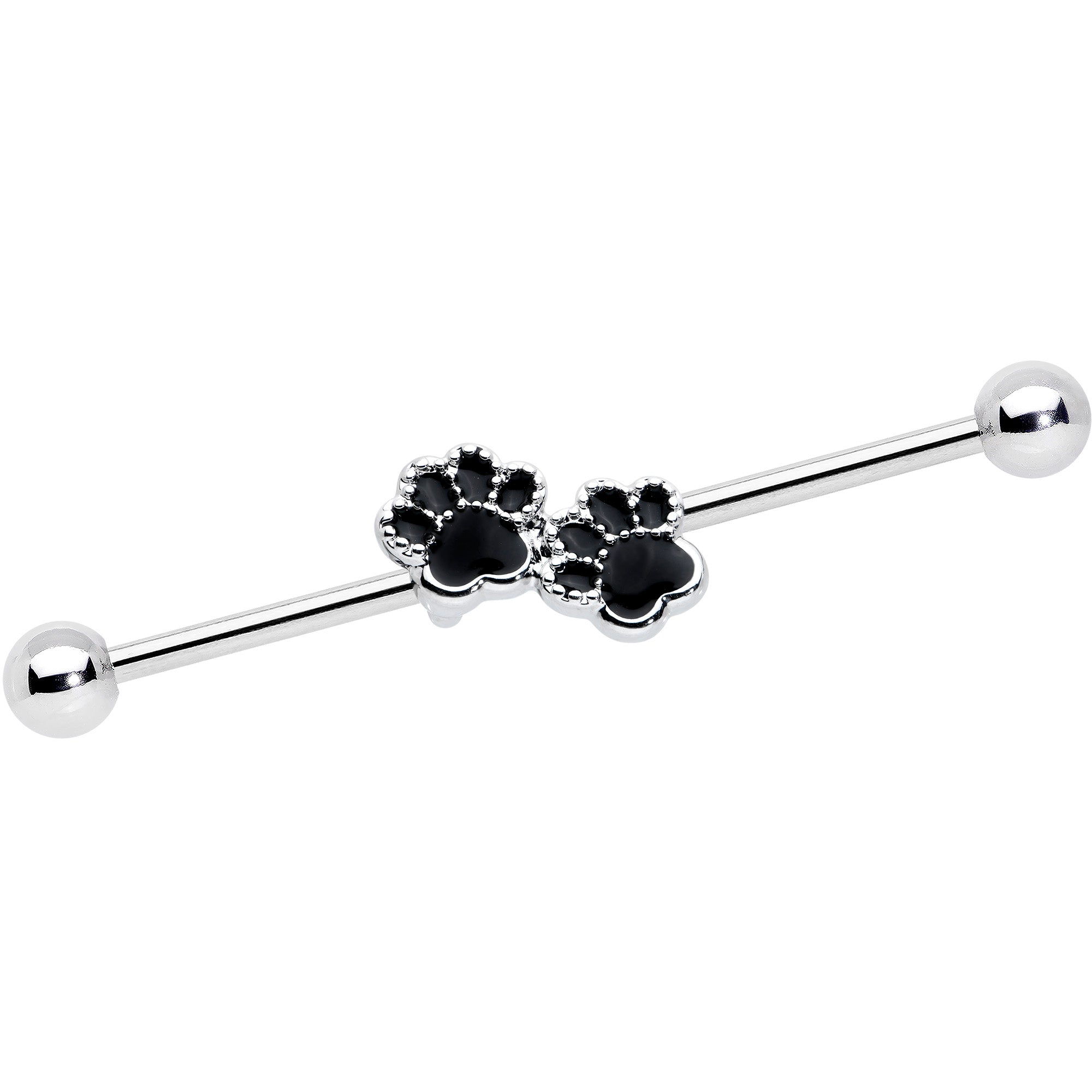 14G Textured Black Paw Prints Industrial Barbell 38mm
