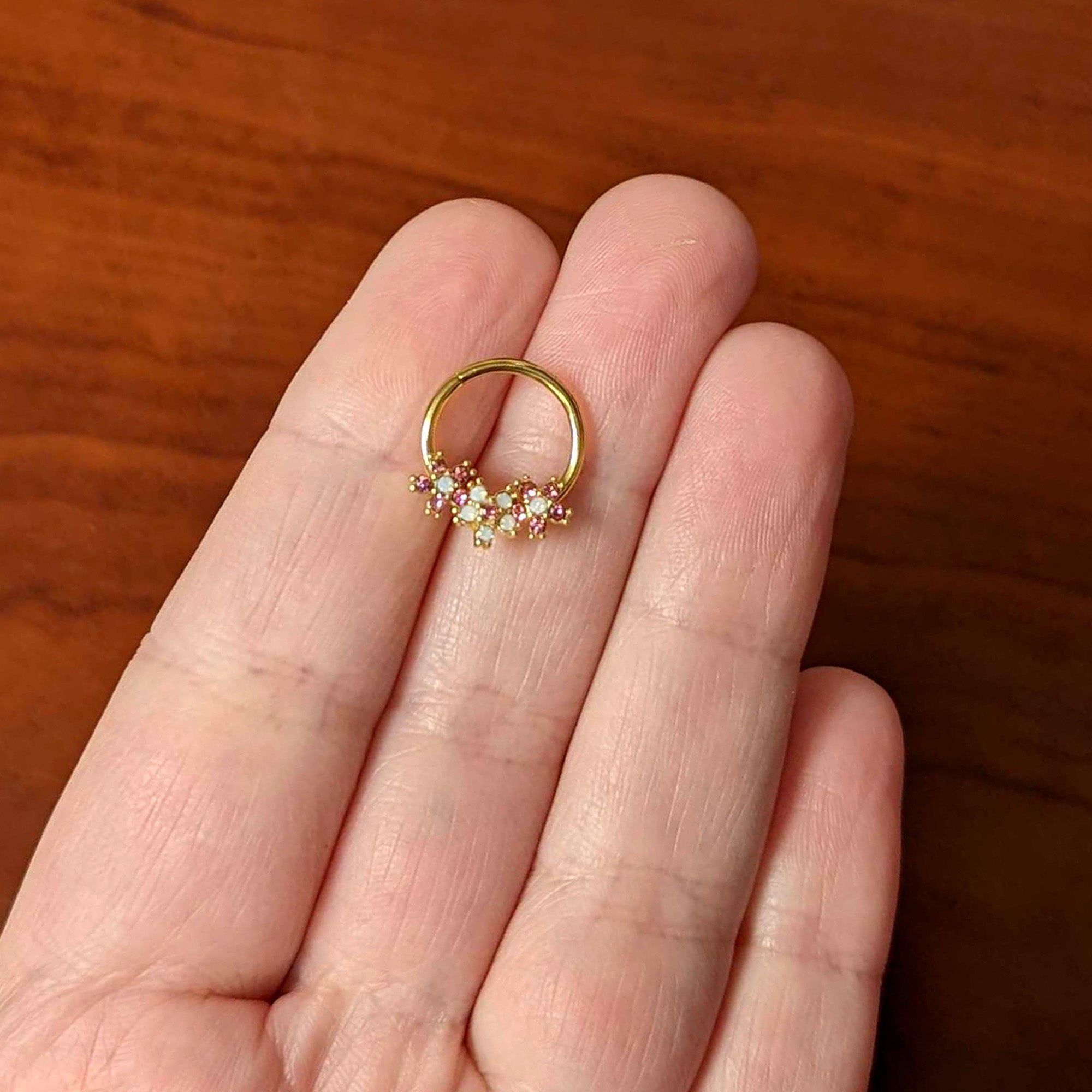 16G 3/8 White Faux Opal Gold Hue Bunch Flower Hinged Segment Ring