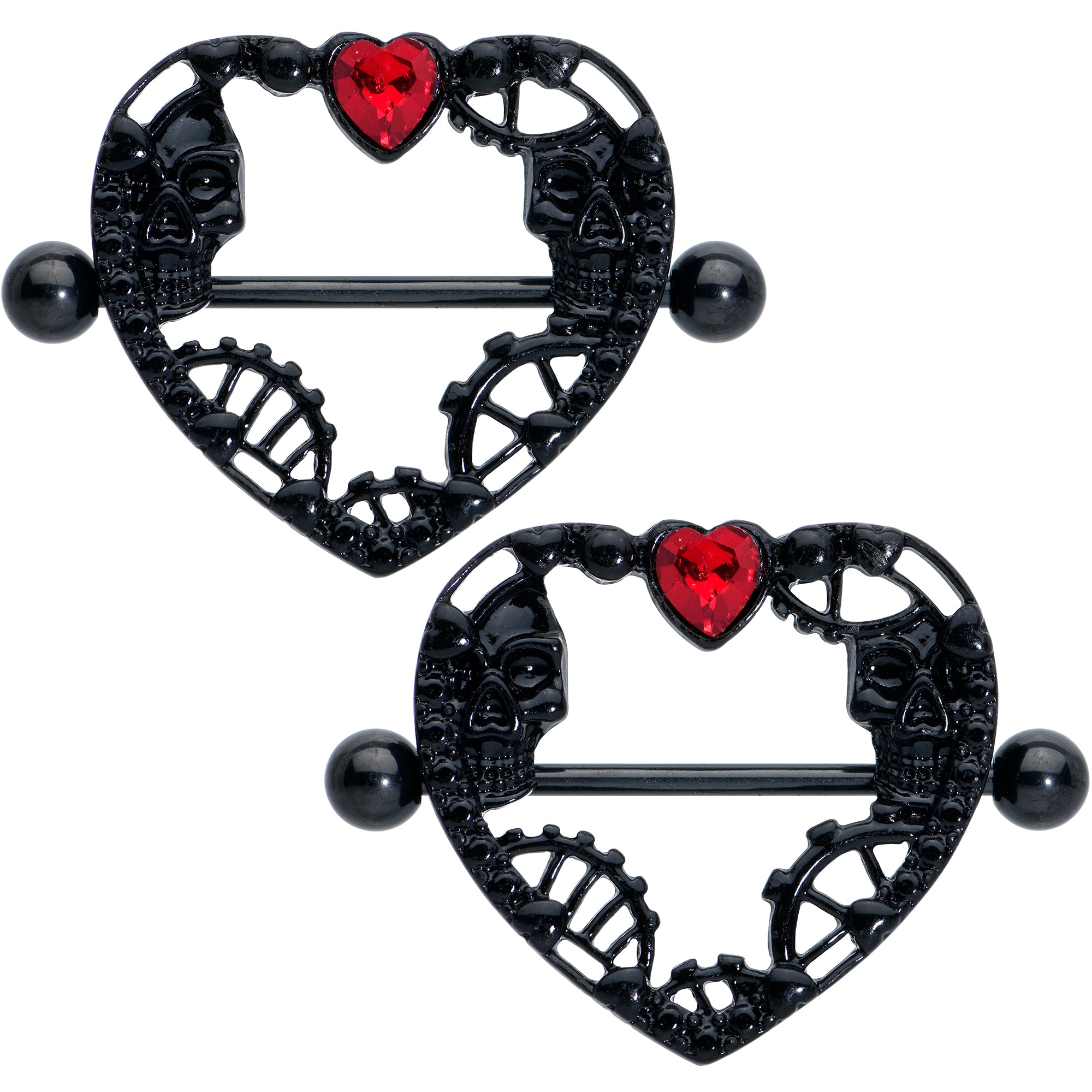 14G 7/8 Red Gem Black Skeleton Steampunk Heart Nipple Shield Set