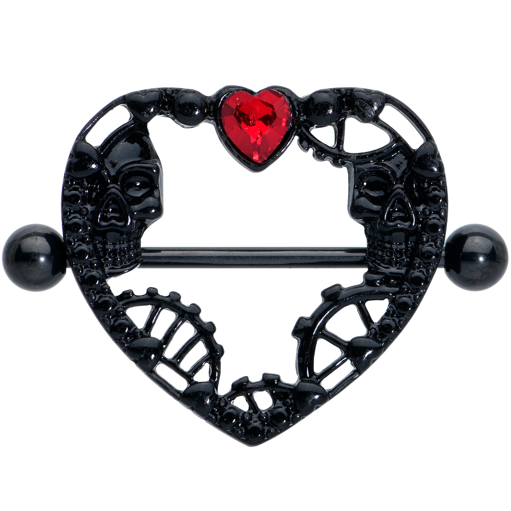 14G 7/8 Red Gem Black Skeleton Steampunk Heart Nipple Shield Set