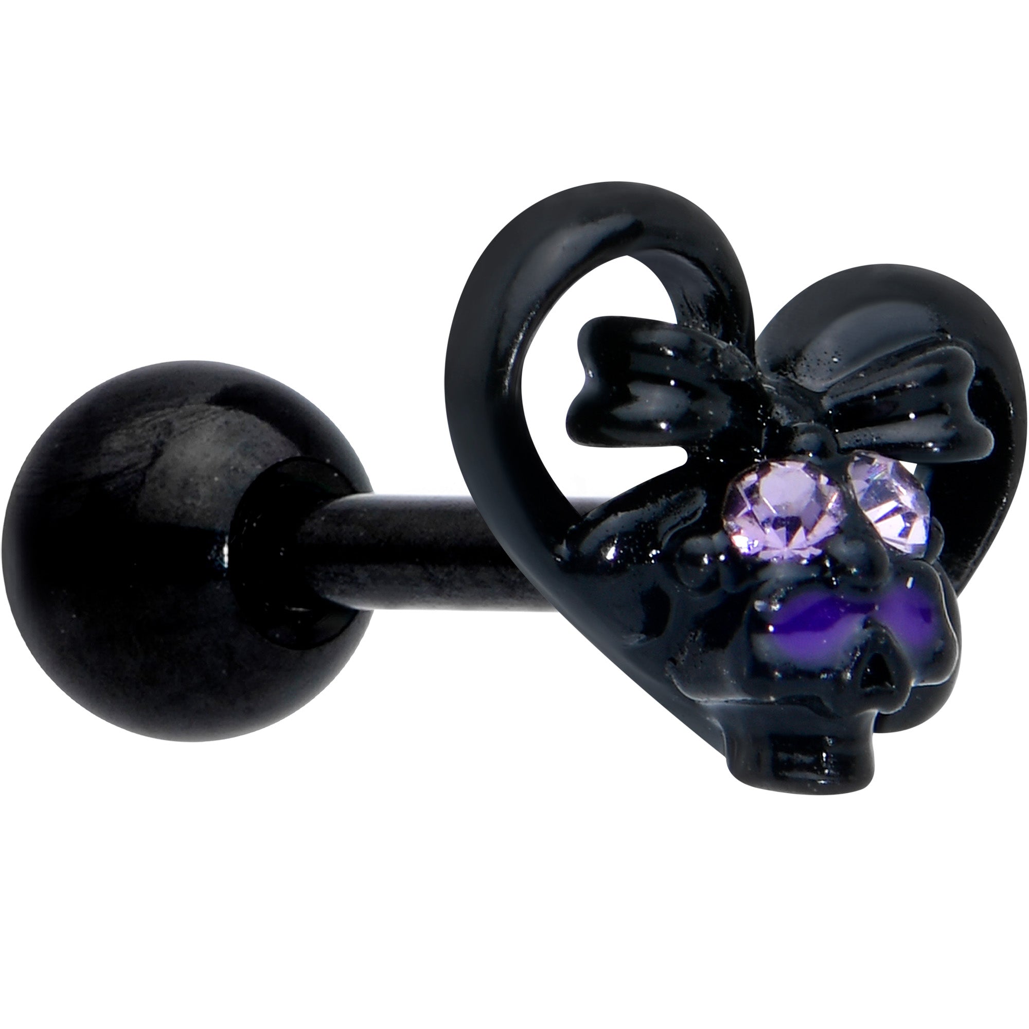 16G 1/4 Purple Gem Black Heart Skull Bow Cartilage Tragus Earring