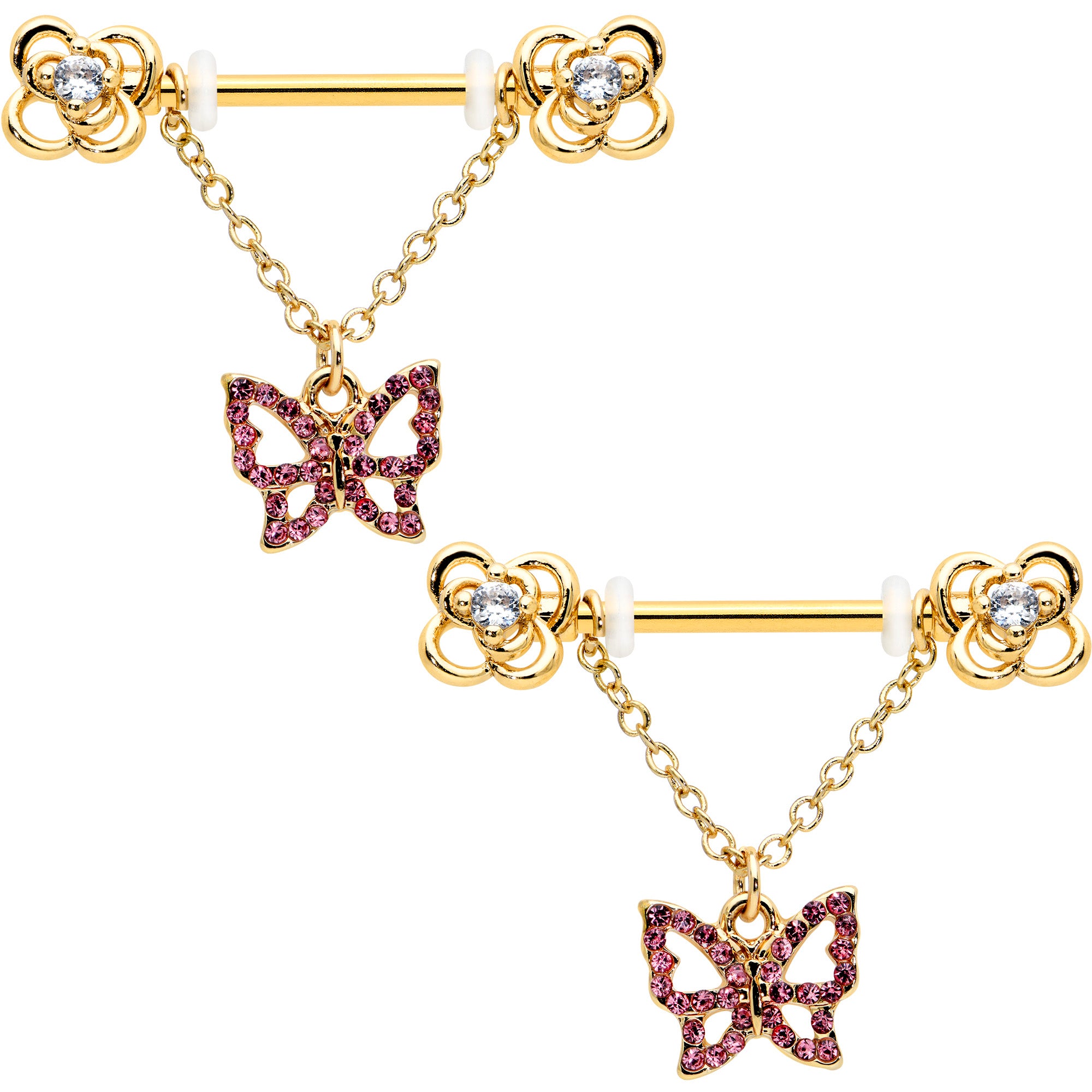 14G 5/8 Pink Gem Gold Hue Simple Butterfly Dangle Nipple Ring Set