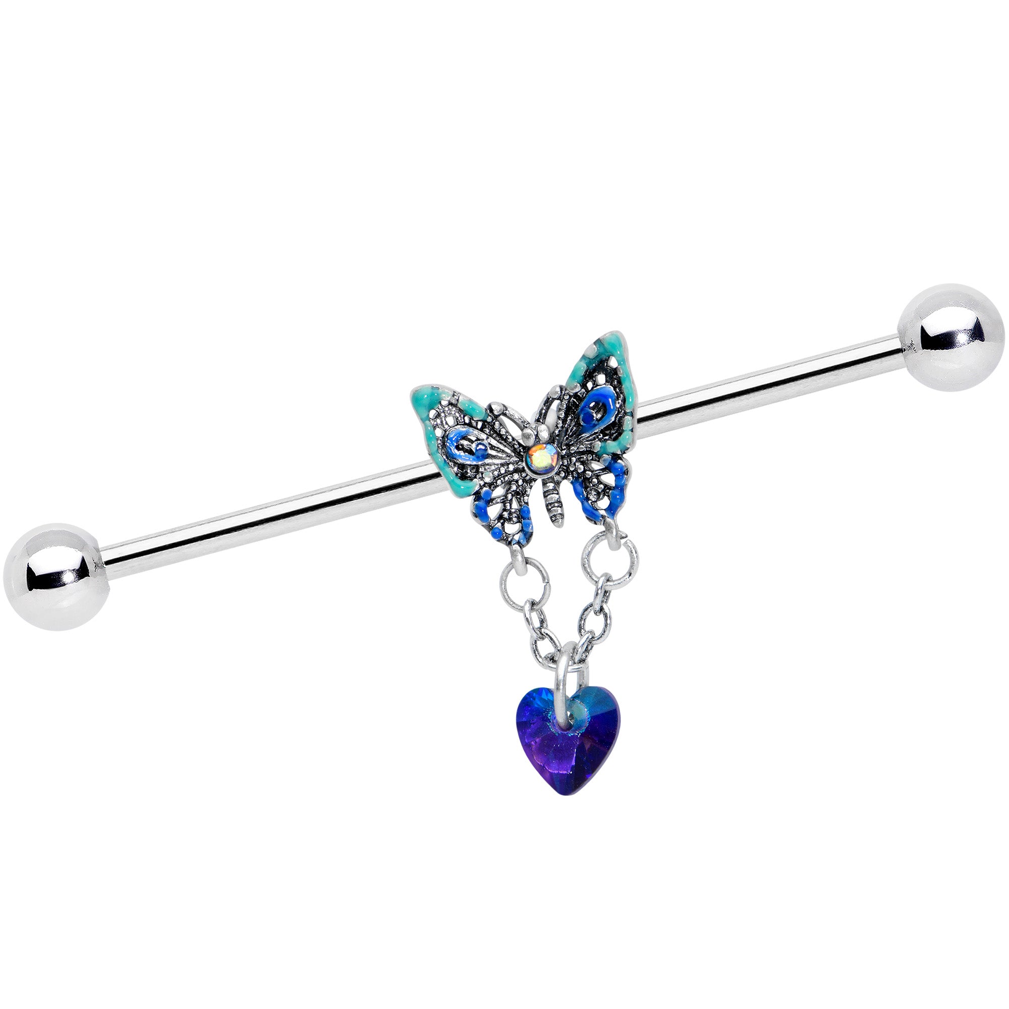 14G Blue Gem Heart Butterfly Dangle Industrial Barbell 38mm
