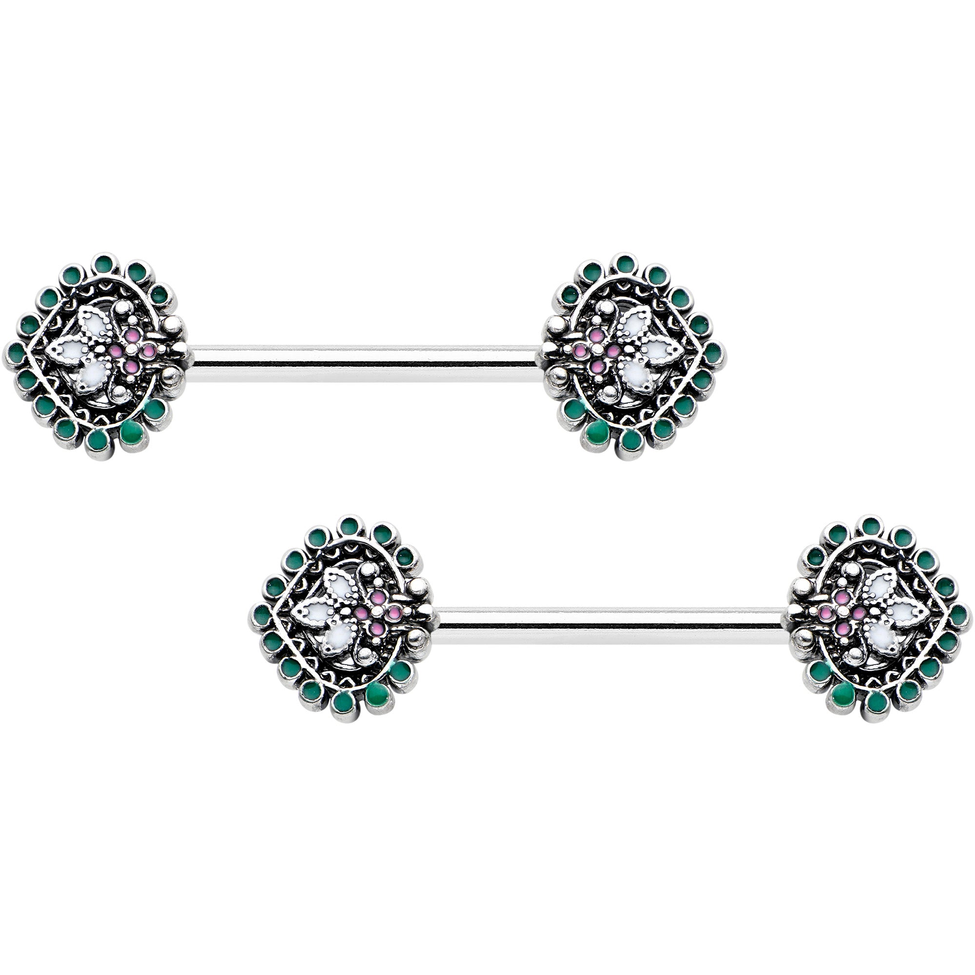 14G 9/16 Stylized Pink Green Leaf Barbell Nipple Ring Set