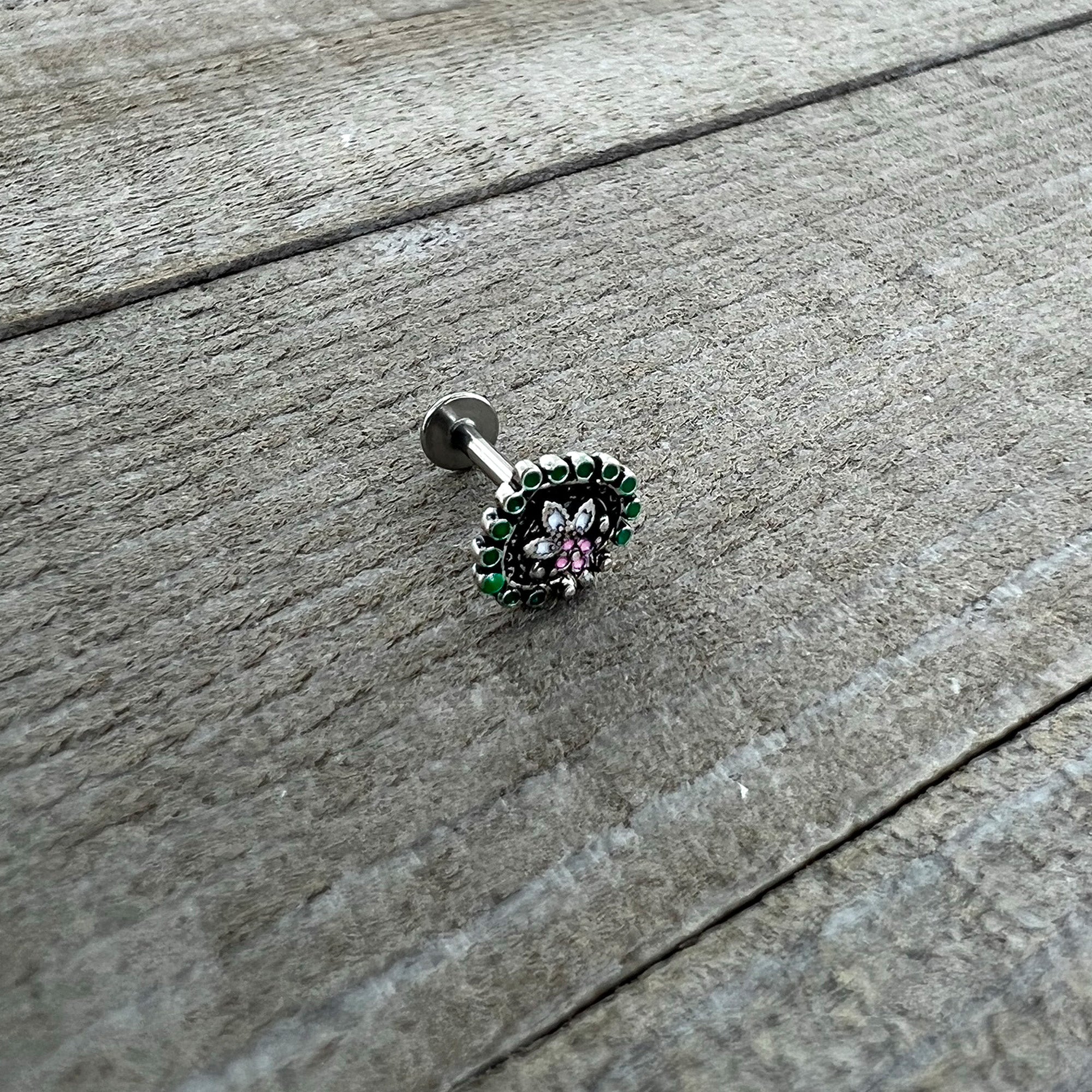 16G 5/16 Stylized Pink Green Abstract Leaf Labret Monroe Tragus