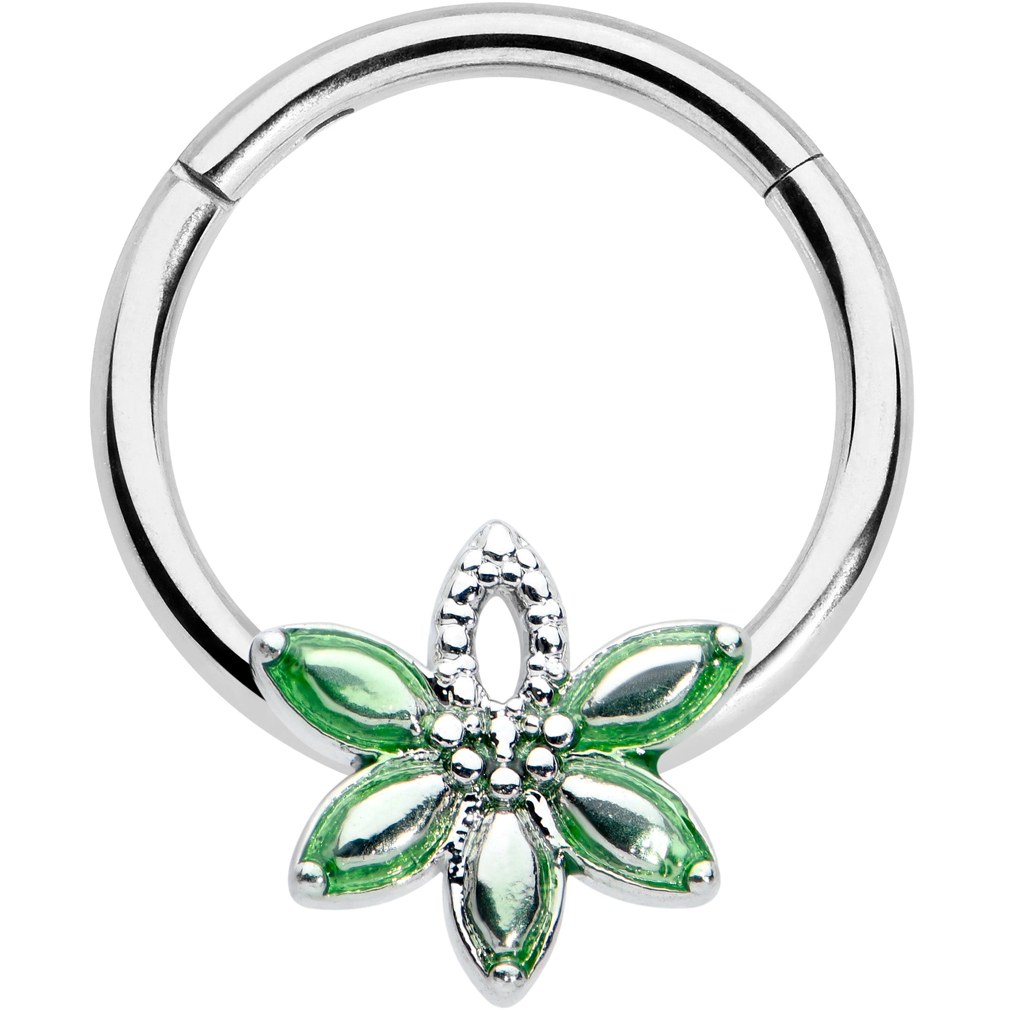 16G 3/8 Green Gem Texture Loopy Pot Leaf Hinged Segment Ring