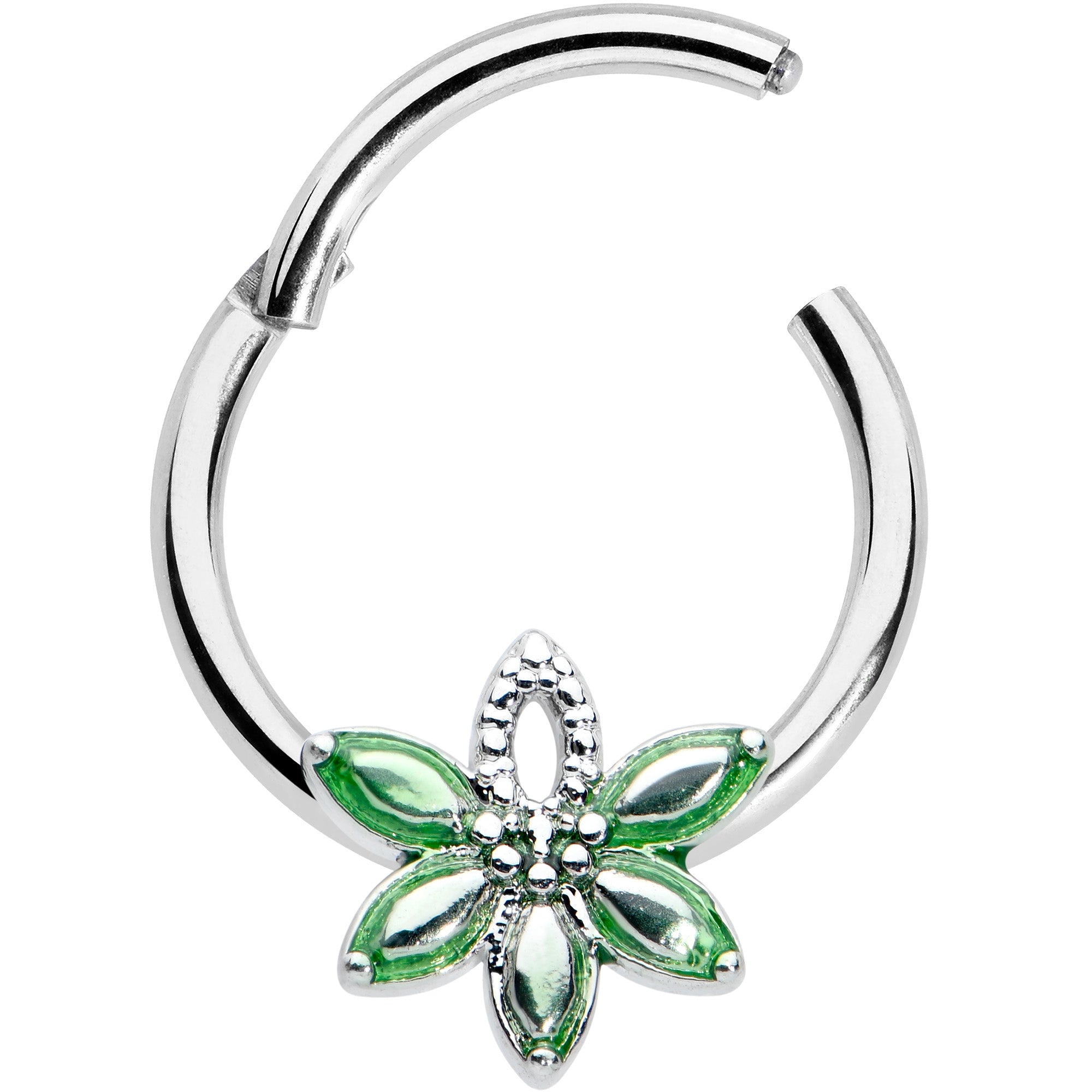 16G 3/8 Green Gem Texture Loopy Pot Leaf Hinged Segment Ring