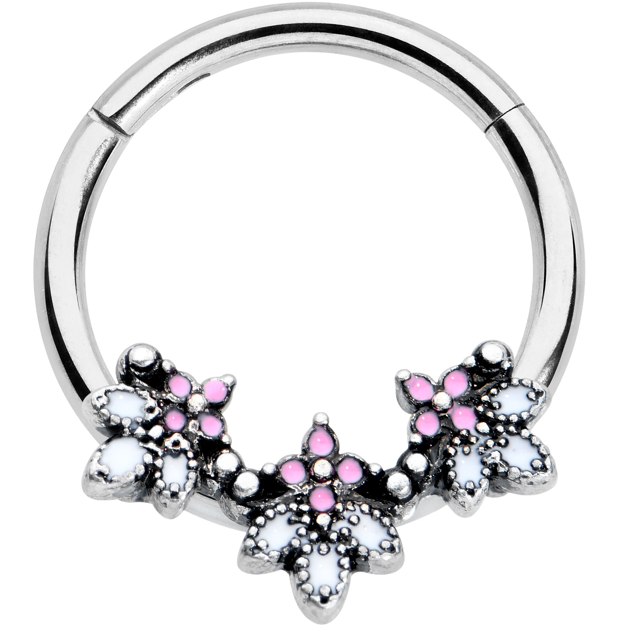 16G 3/8 Pink White Abstract Leaf Hinged Segment Ring