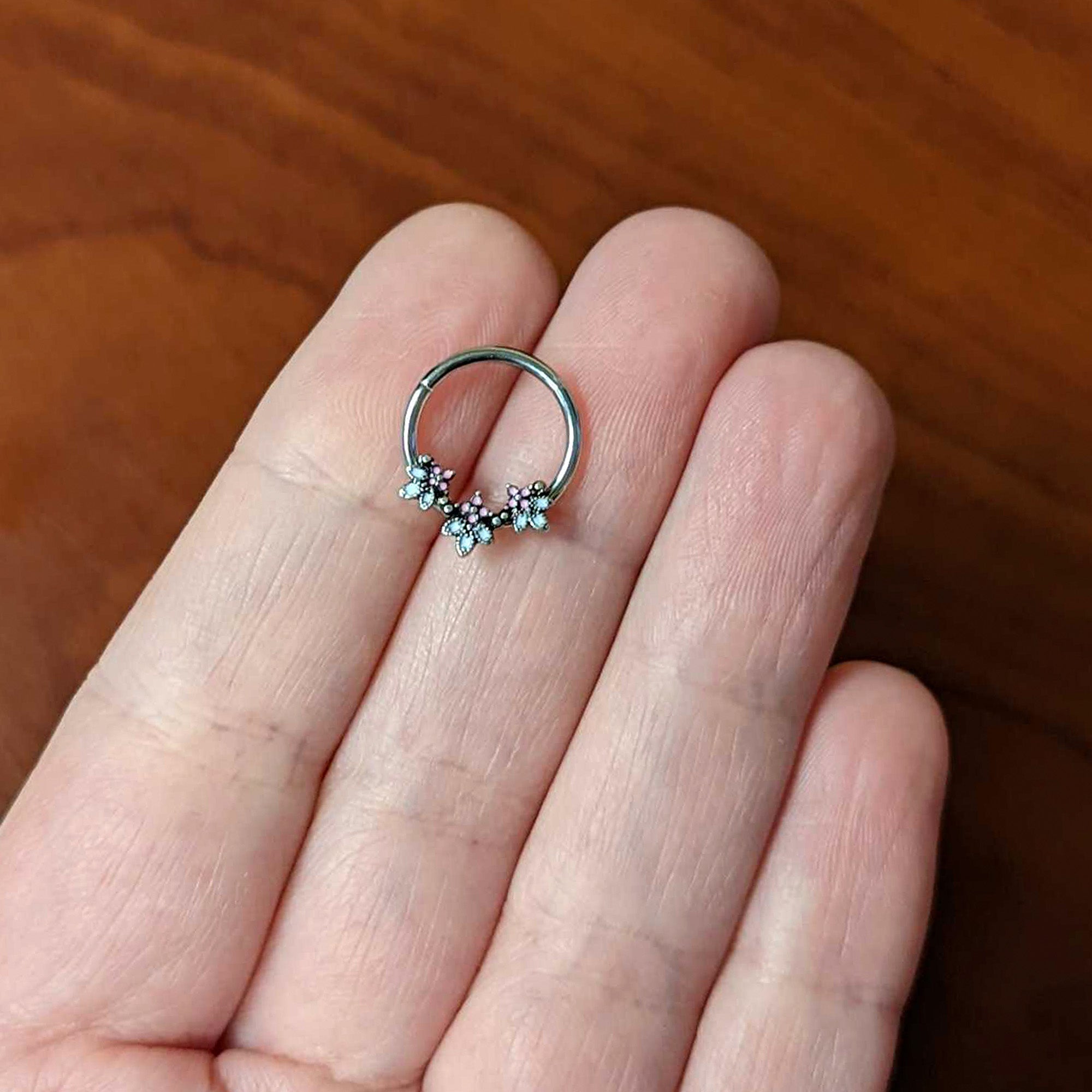 16G 3/8 Pink White Abstract Leaf Hinged Segment Ring