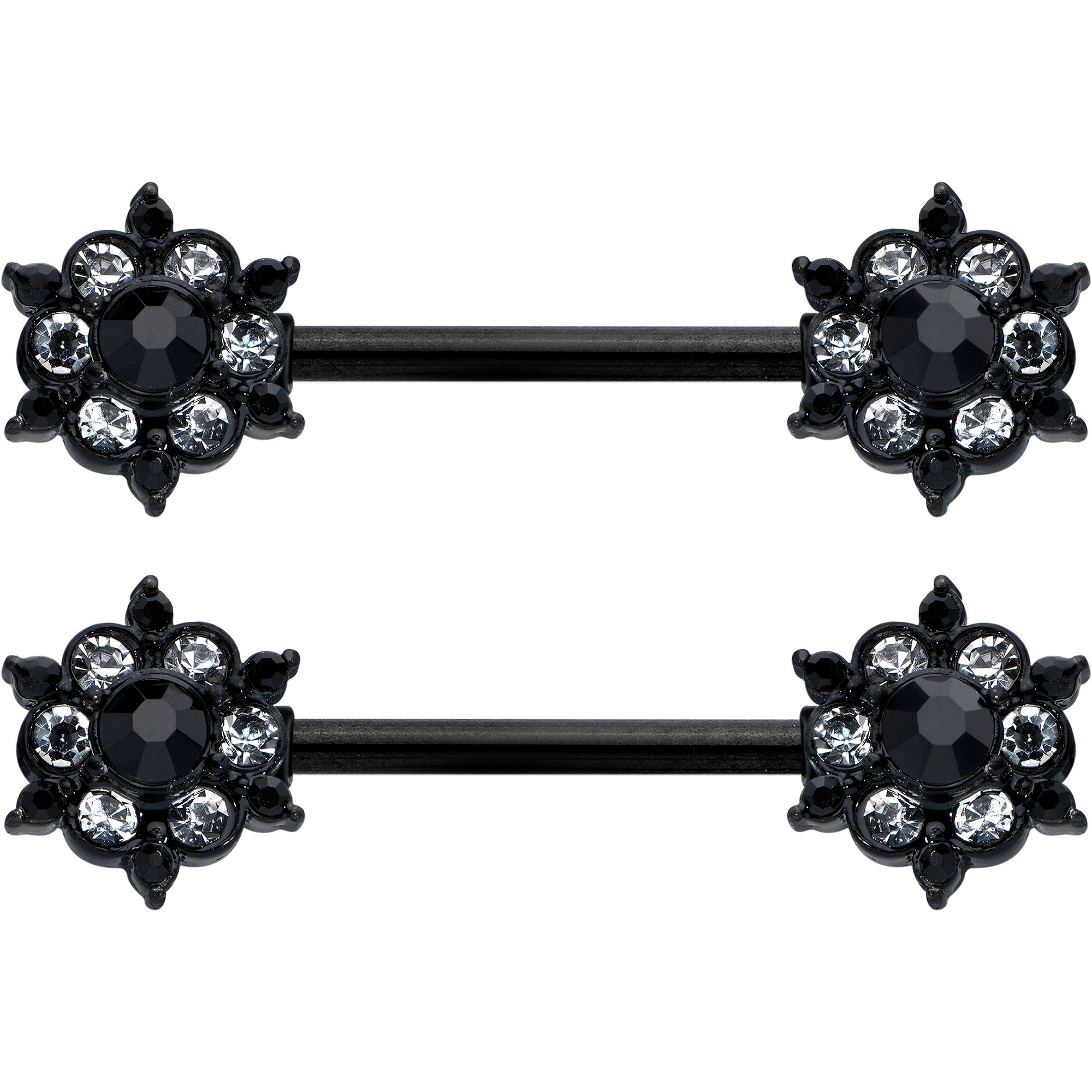 14G 9/16 Clear CZ Gem Black Abstract Sun Barbell Nipple Ring Set
