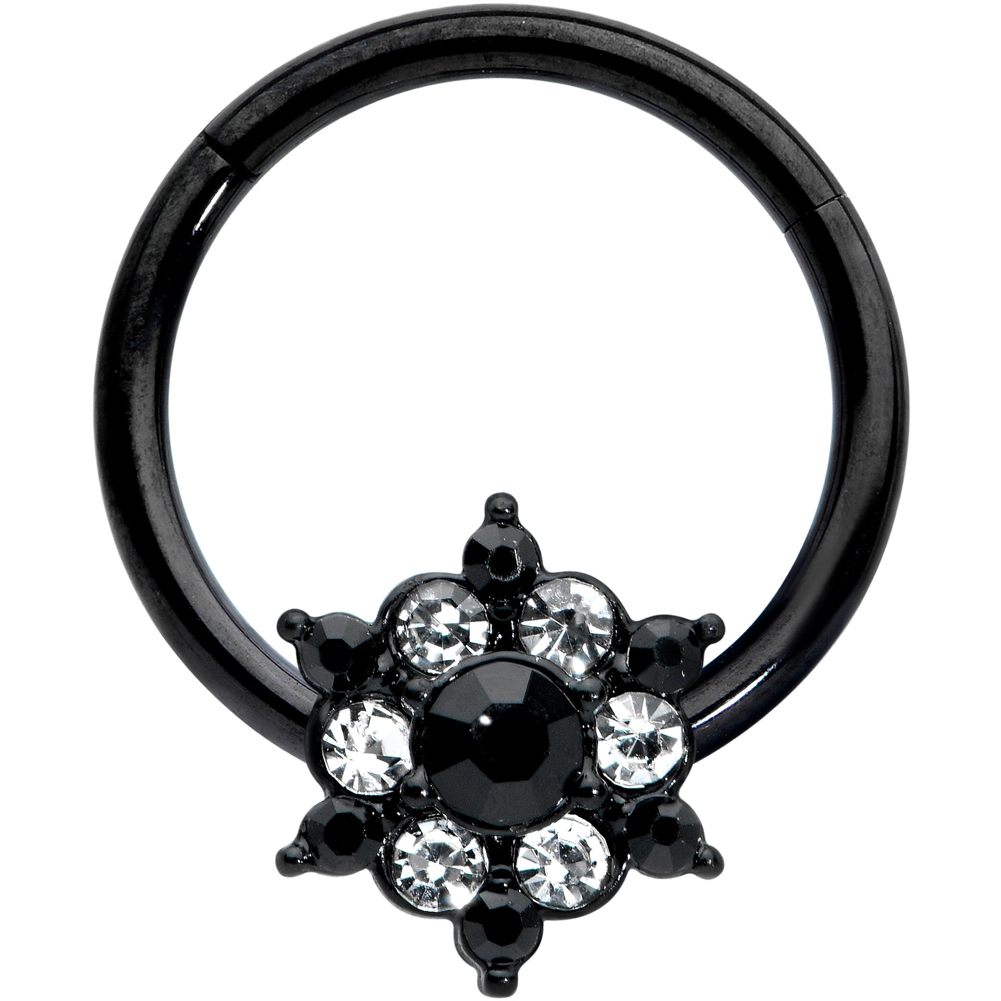 16G 3/8 Clear CZ Gem Black Abstract Sun Hinged Segment Ring