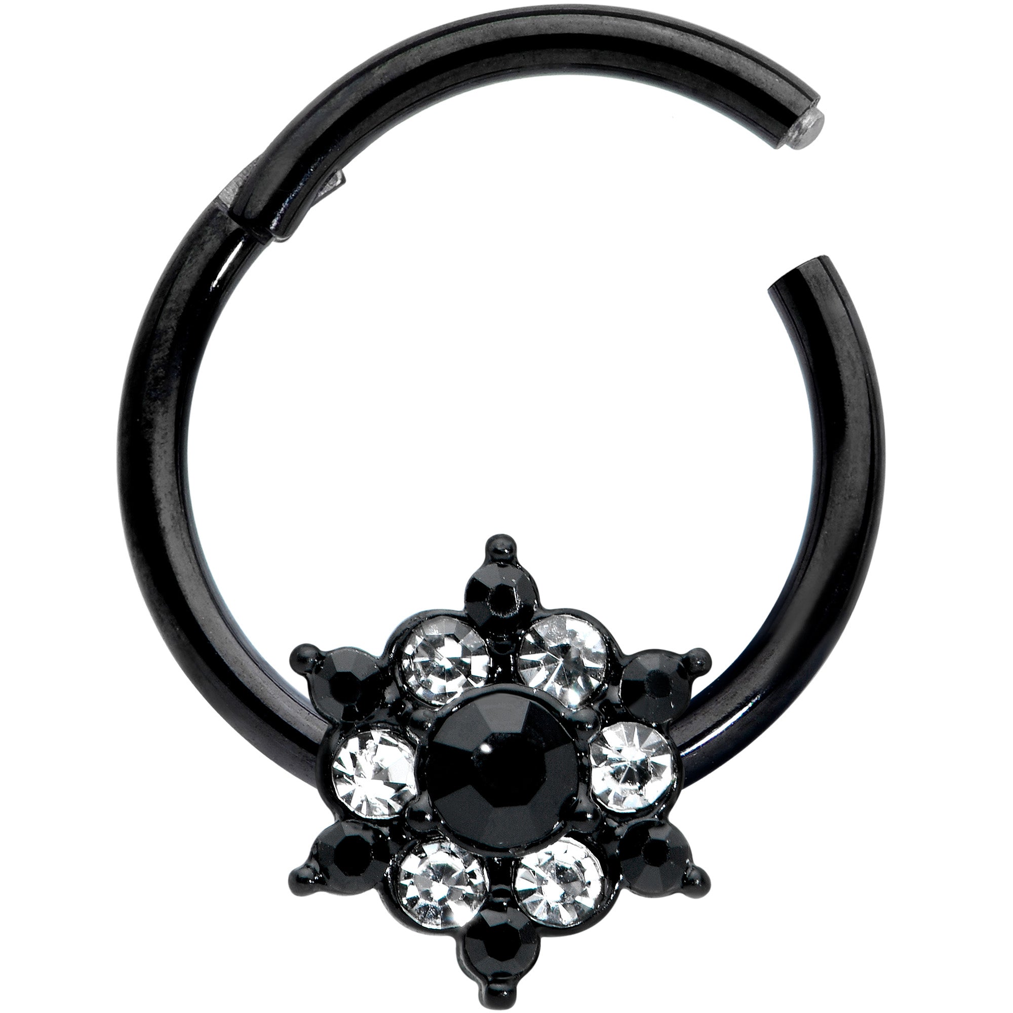 16G 3/8 Clear CZ Gem Black Abstract Sun Hinged Segment Ring