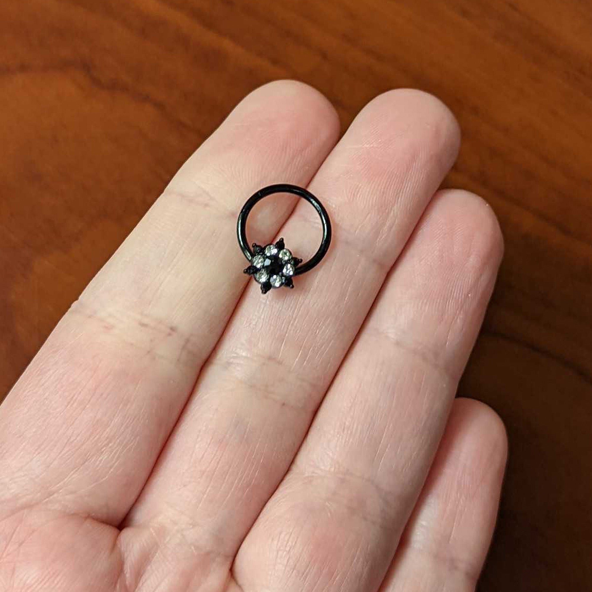 16G 3/8 Clear CZ Gem Black Abstract Sun Hinged Segment Ring