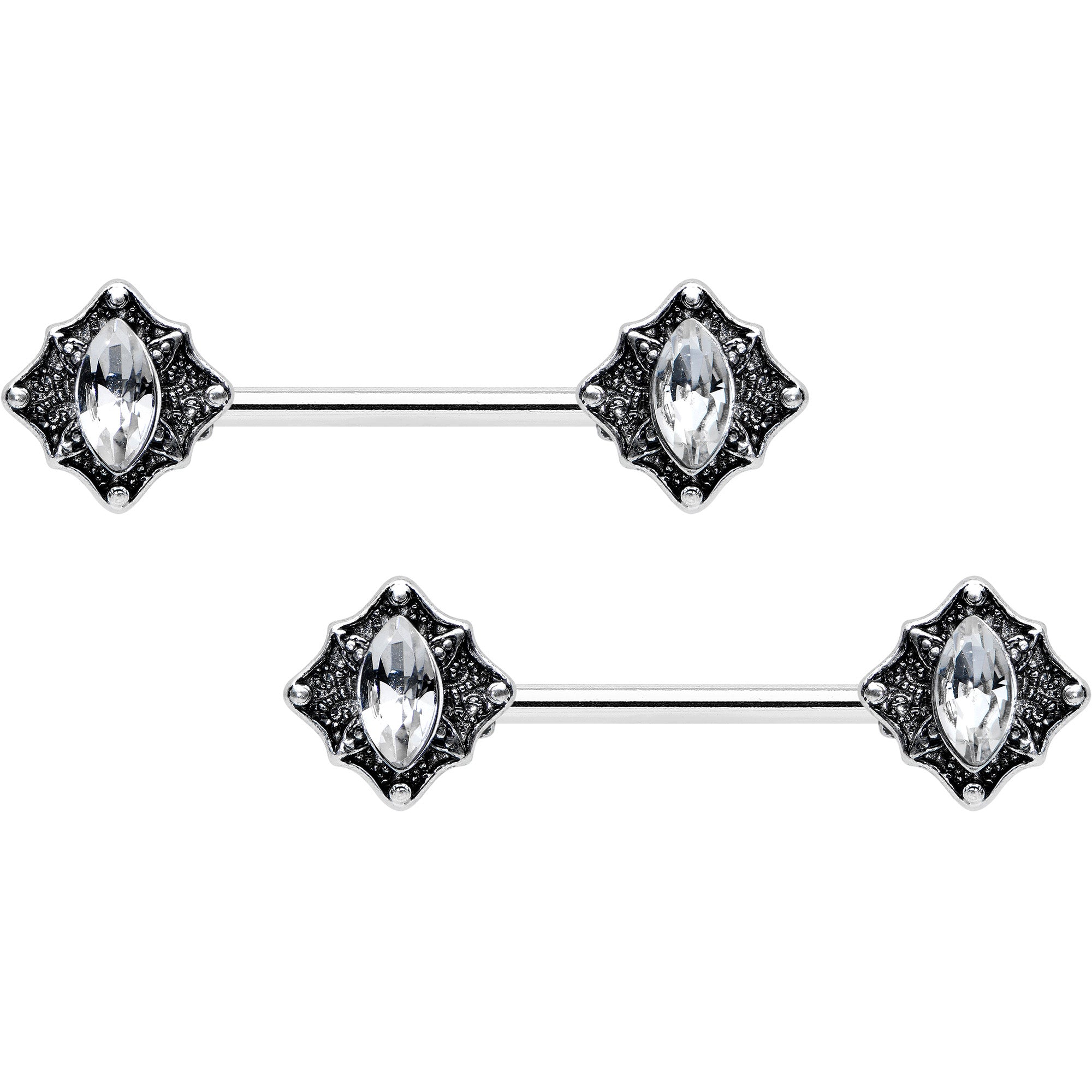 14G 9/16 Clear Gem Rhombus Retro Barbell Nipple Ring Set