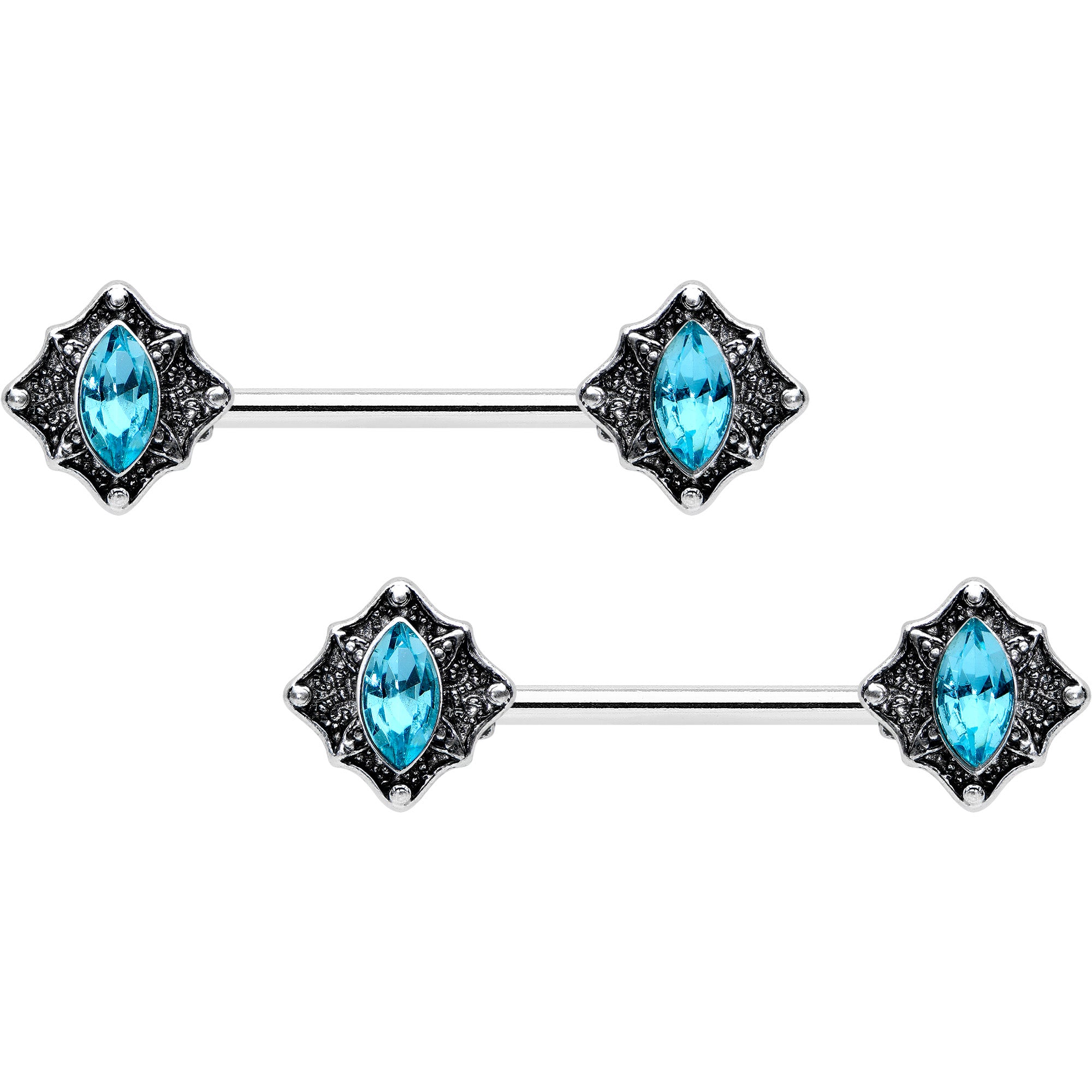 14G 9/16 Blue Gem Rhombus Retro Barbell Nipple Ring Set