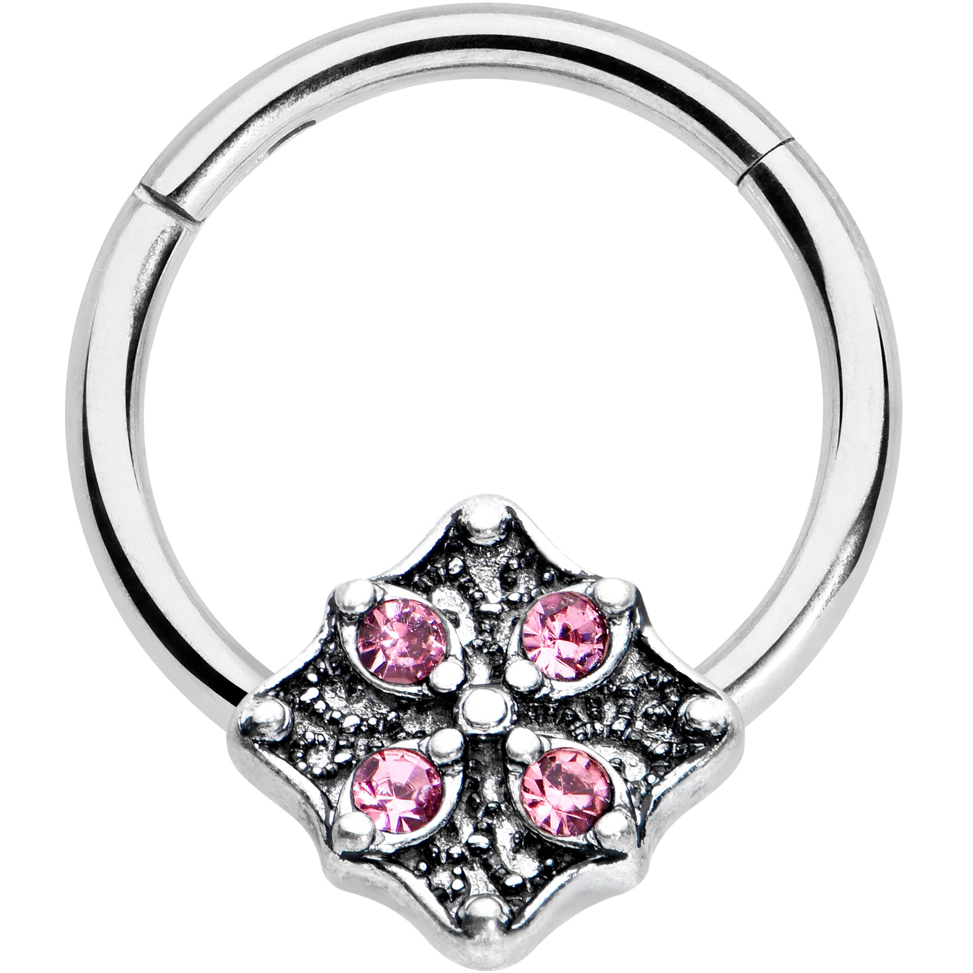 16G 3/8 Pink Gem Floral Rhombus Baroque Hinged Segment Ring
