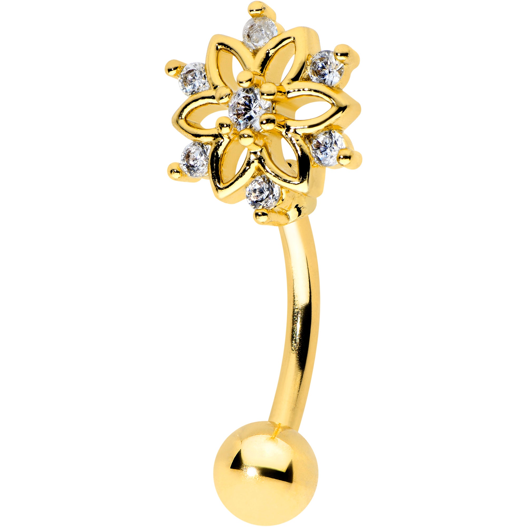 16G 5/16 Clear Gem Gold Tone Flower Snowflake Curved Eyebrow Ring