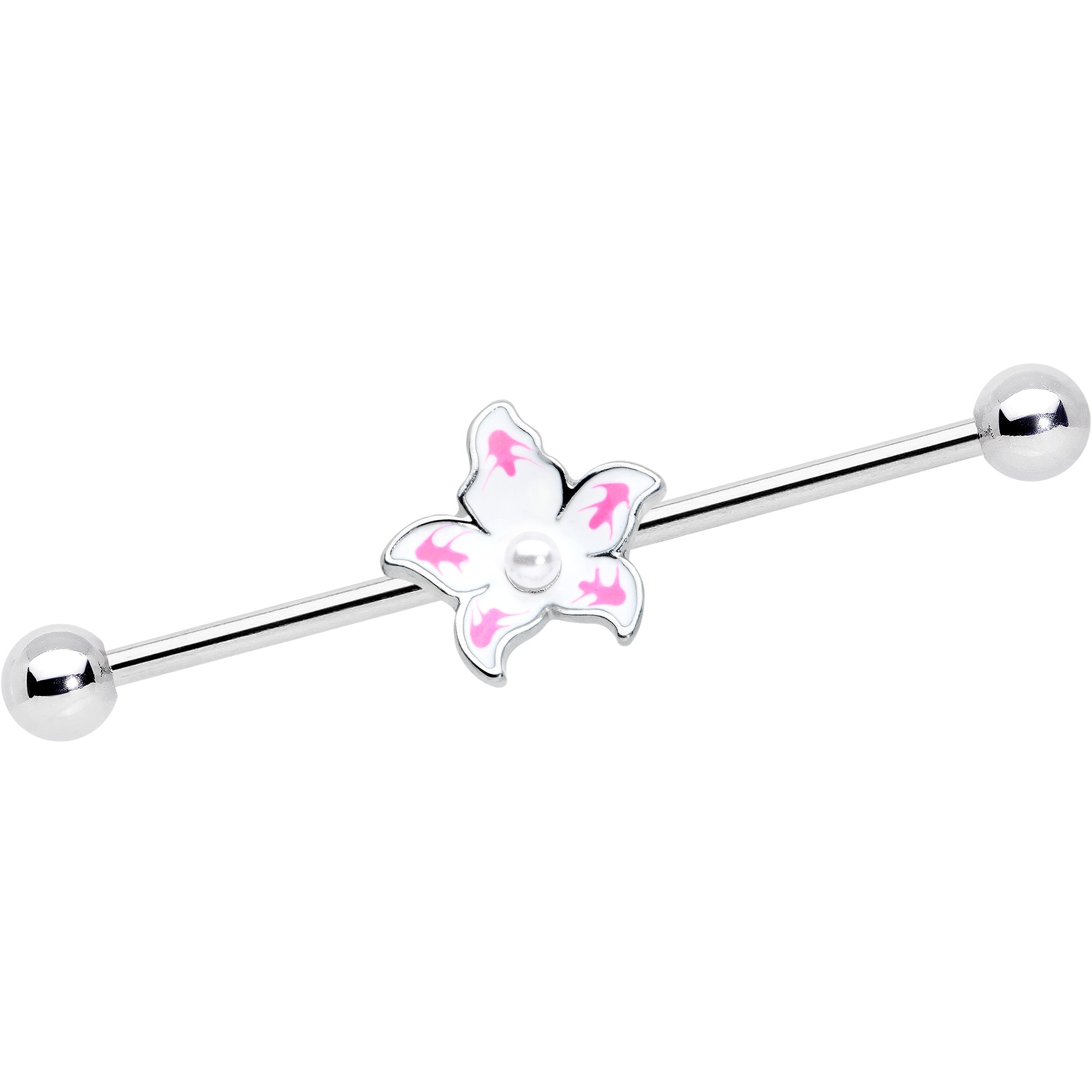 14G Pearly White Orb Pink Flower Industrial Barbell 38mm