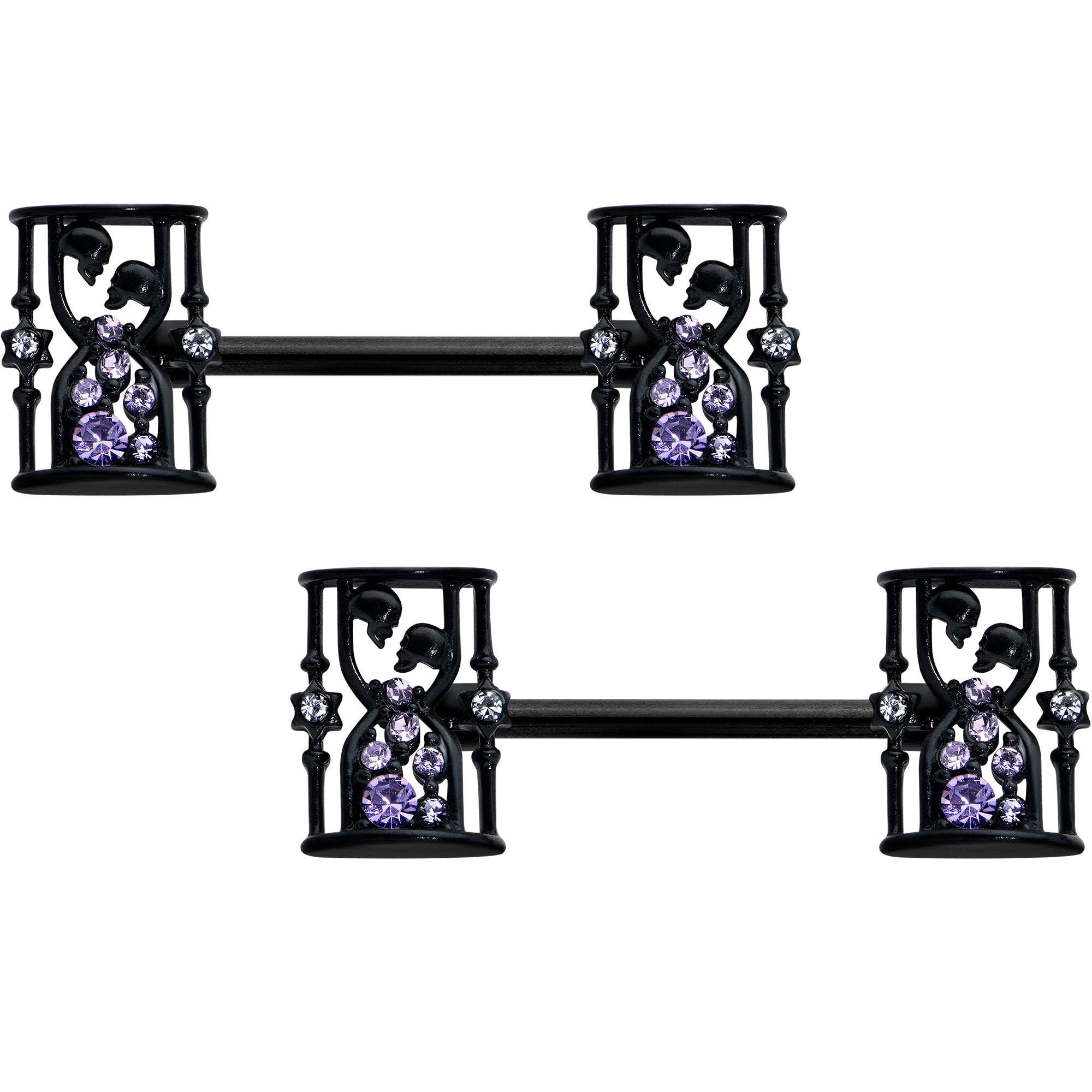 14G 9/16 Clear Purple Gem Black Gothic Hourglass Nipple Ring Set