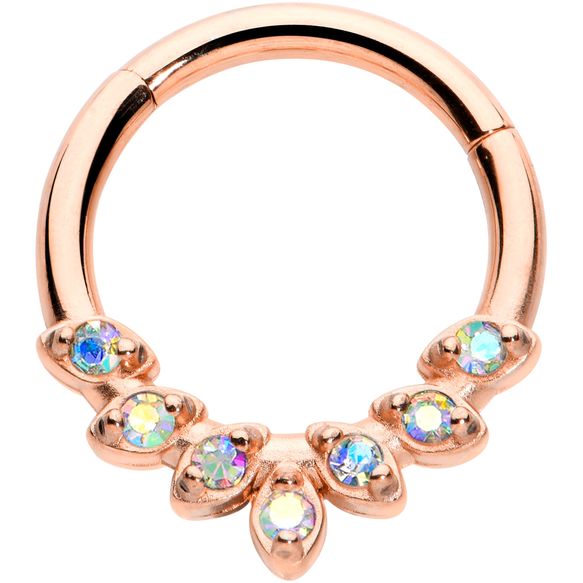16G 5/16 Aurora CZ Gem Rosy Tone Seven Leaf Hinged Segment Ring
