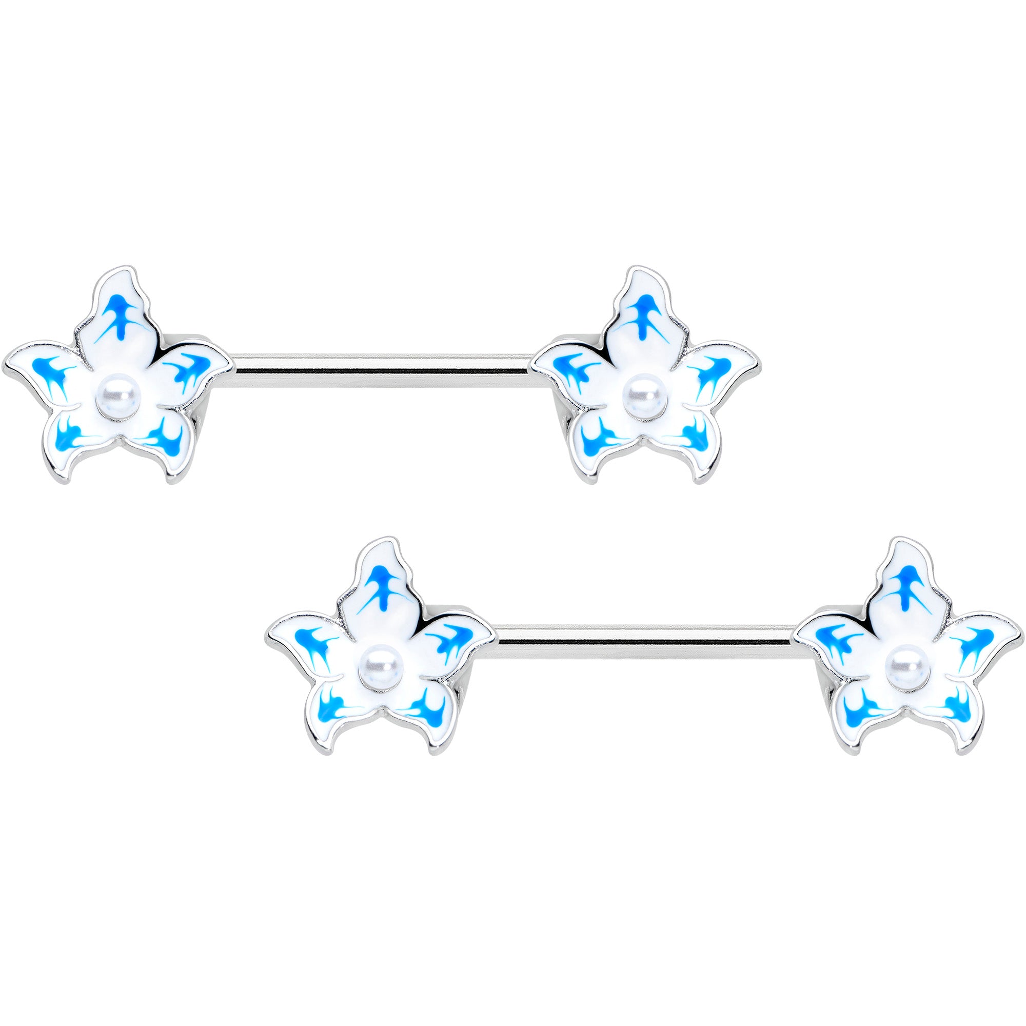 14G 9/16 Pearlescent Orb Flower Blue Barbell Nipple Ring Set