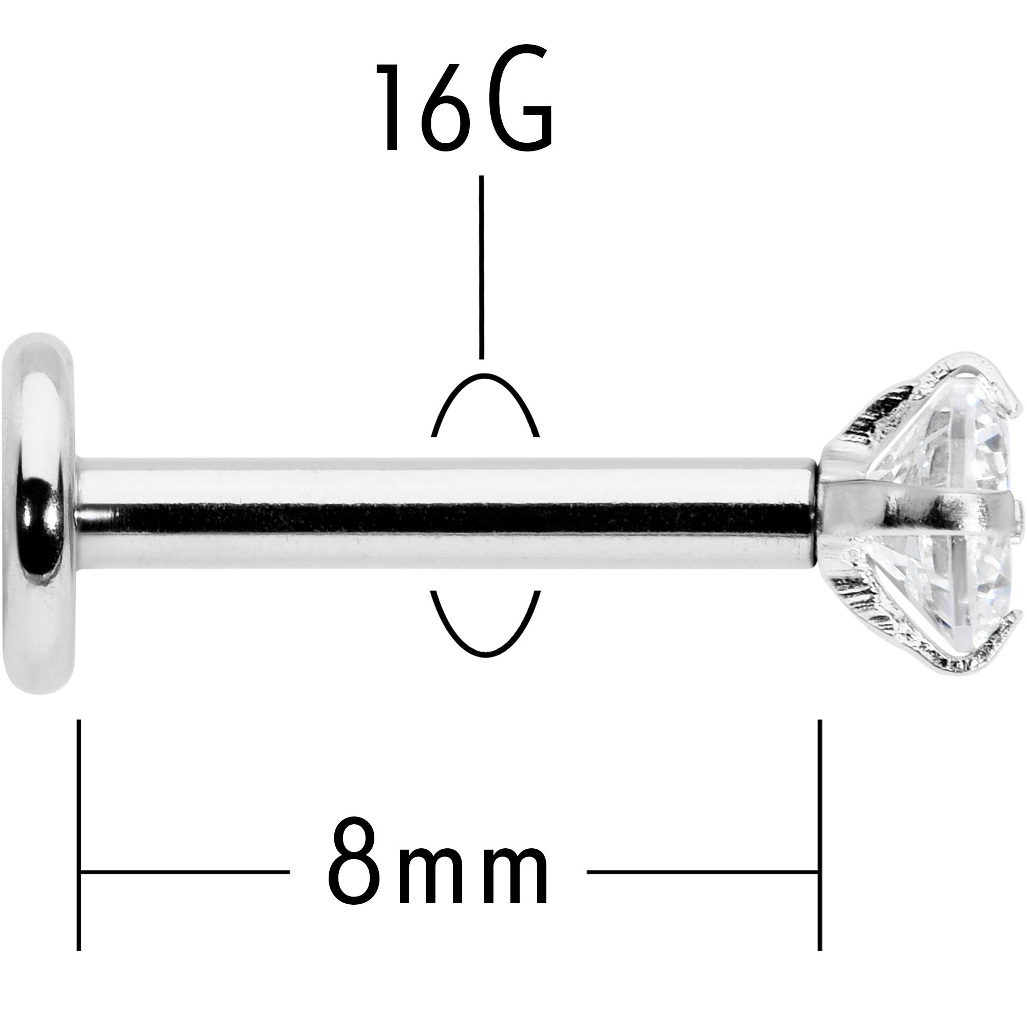 16G 5/16 Clear Gem Round End Internally Threaded Labret Tragus