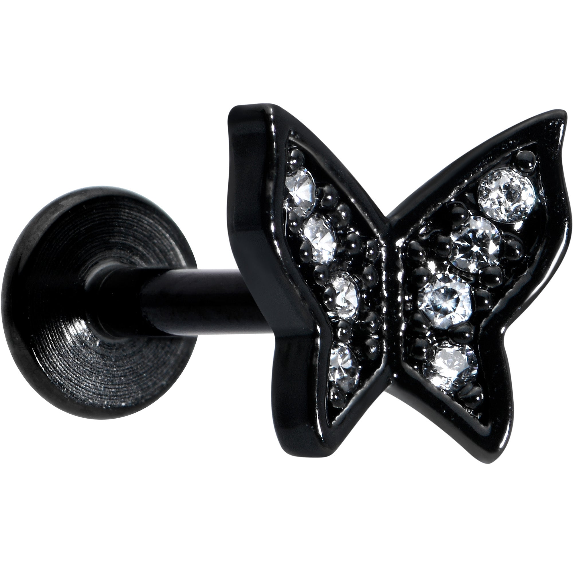 16G 5/16 Clear Gem Black Butterfly Internal Thread Labret Tragus