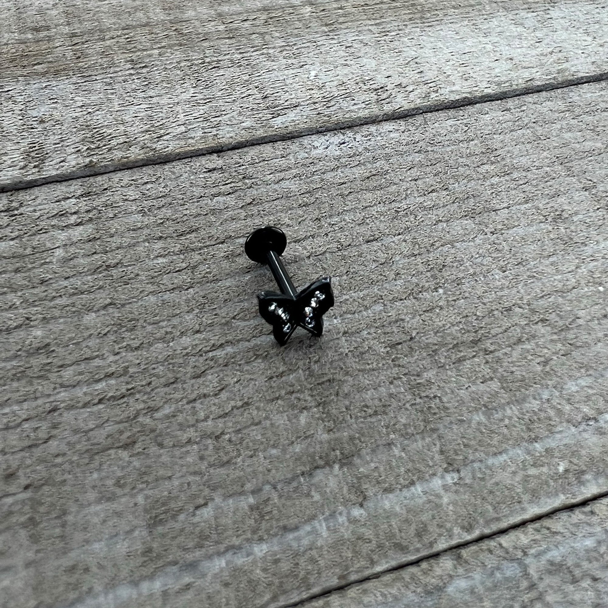 16G 5/16 Clear Gem Black Butterfly Internal Thread Labret Tragus