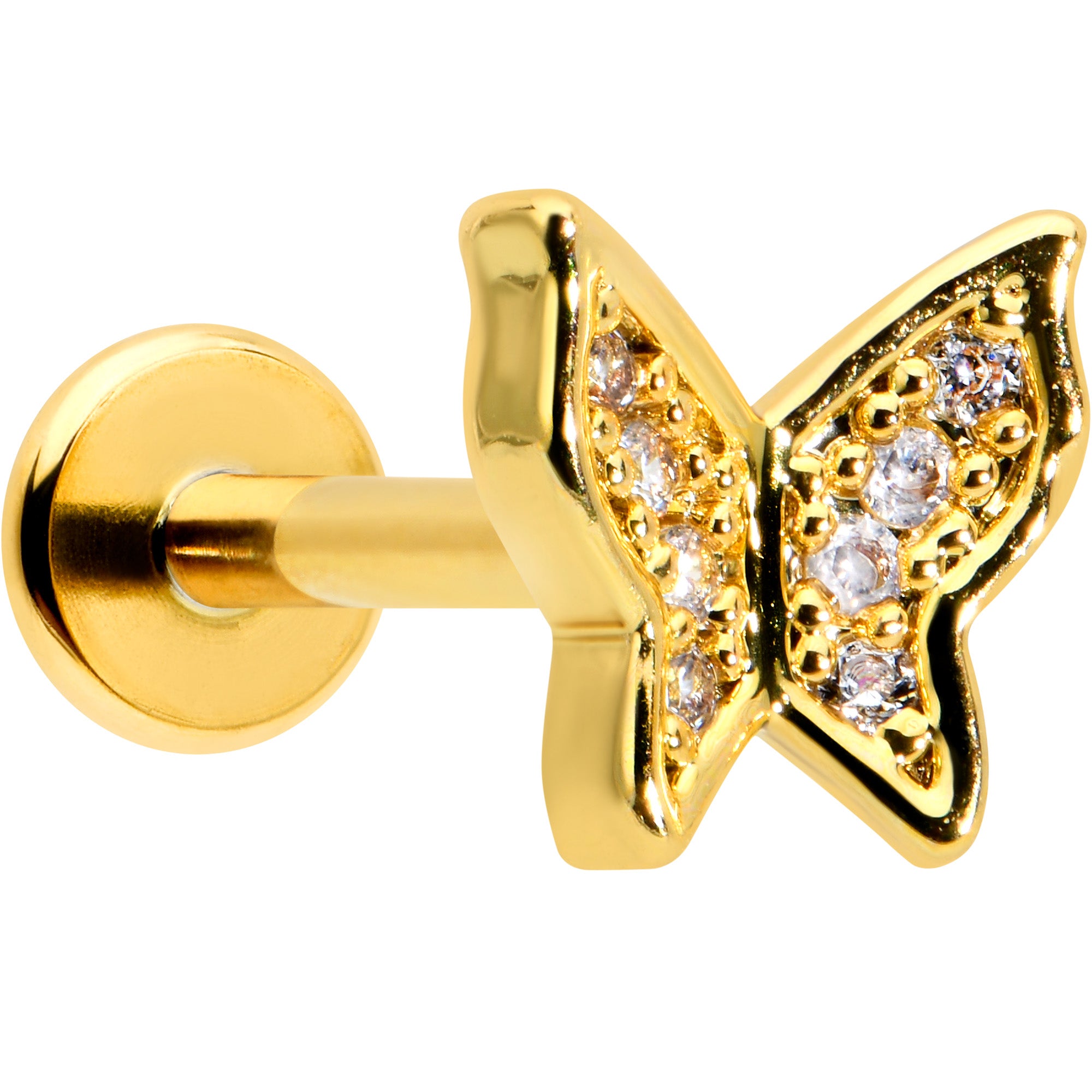 16G 5/16 Clear Gem Gold Tone Butterfly Internally Threaded Labret