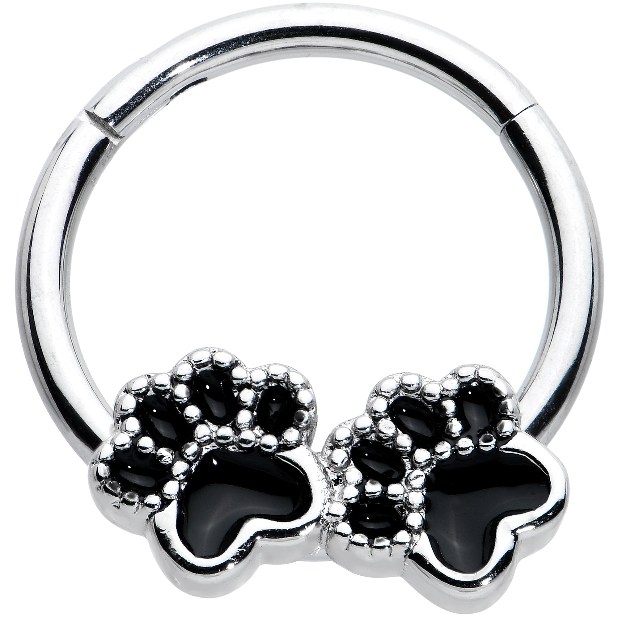 16G 3/8 Textured Black Paw Prints Hinged Segment Ring