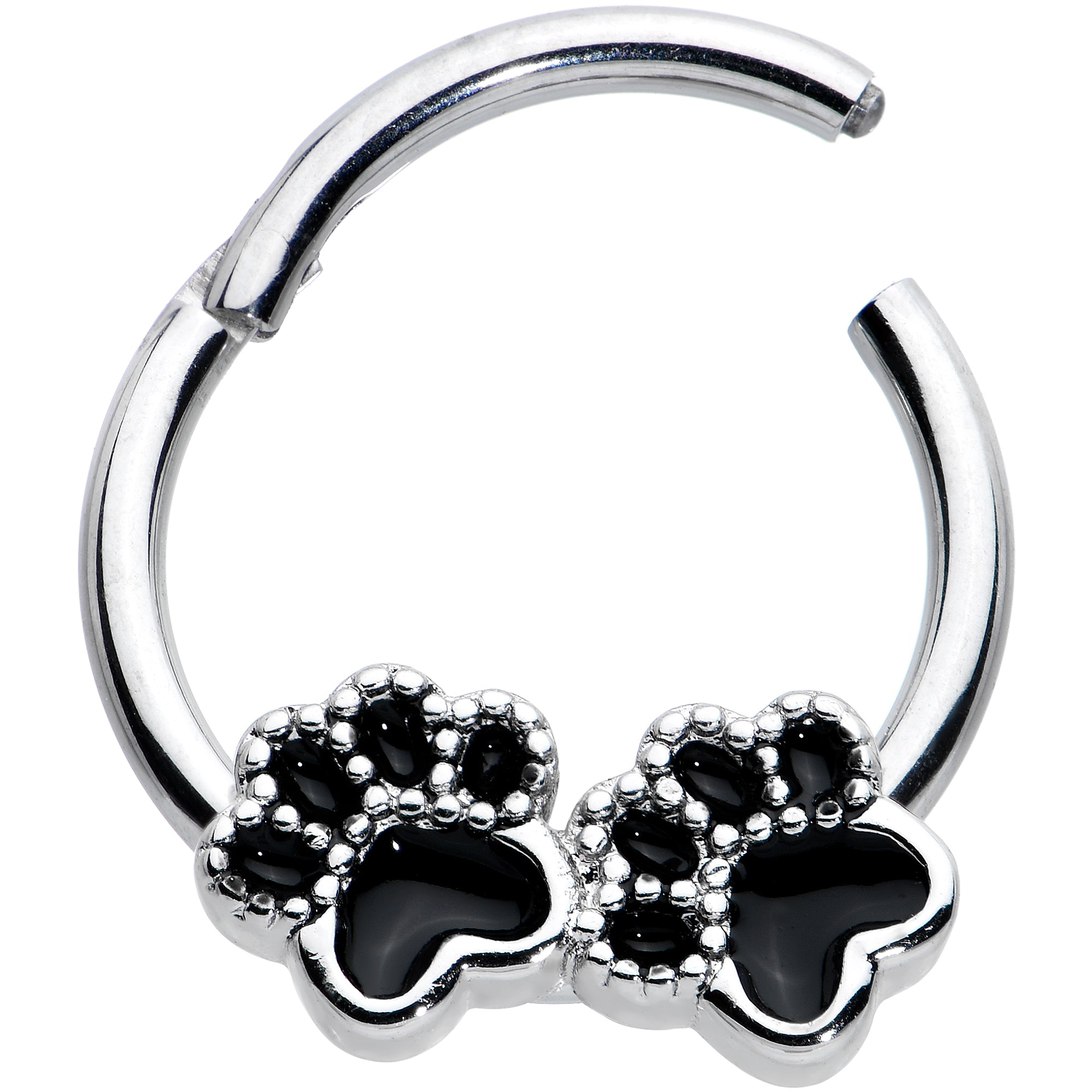 16G 3/8 Textured Black Paw Prints Hinged Segment Ring