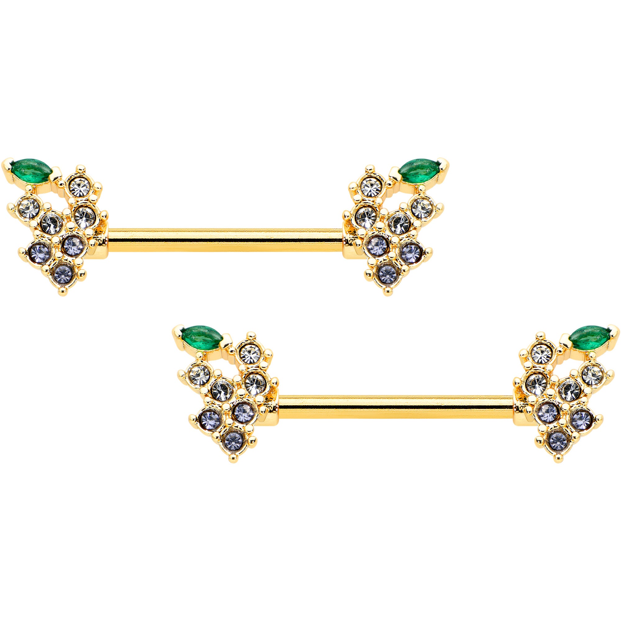 14G 9/16 Clear CZ Gem Gold Tone Bunch Grapes Nipple Ring Set