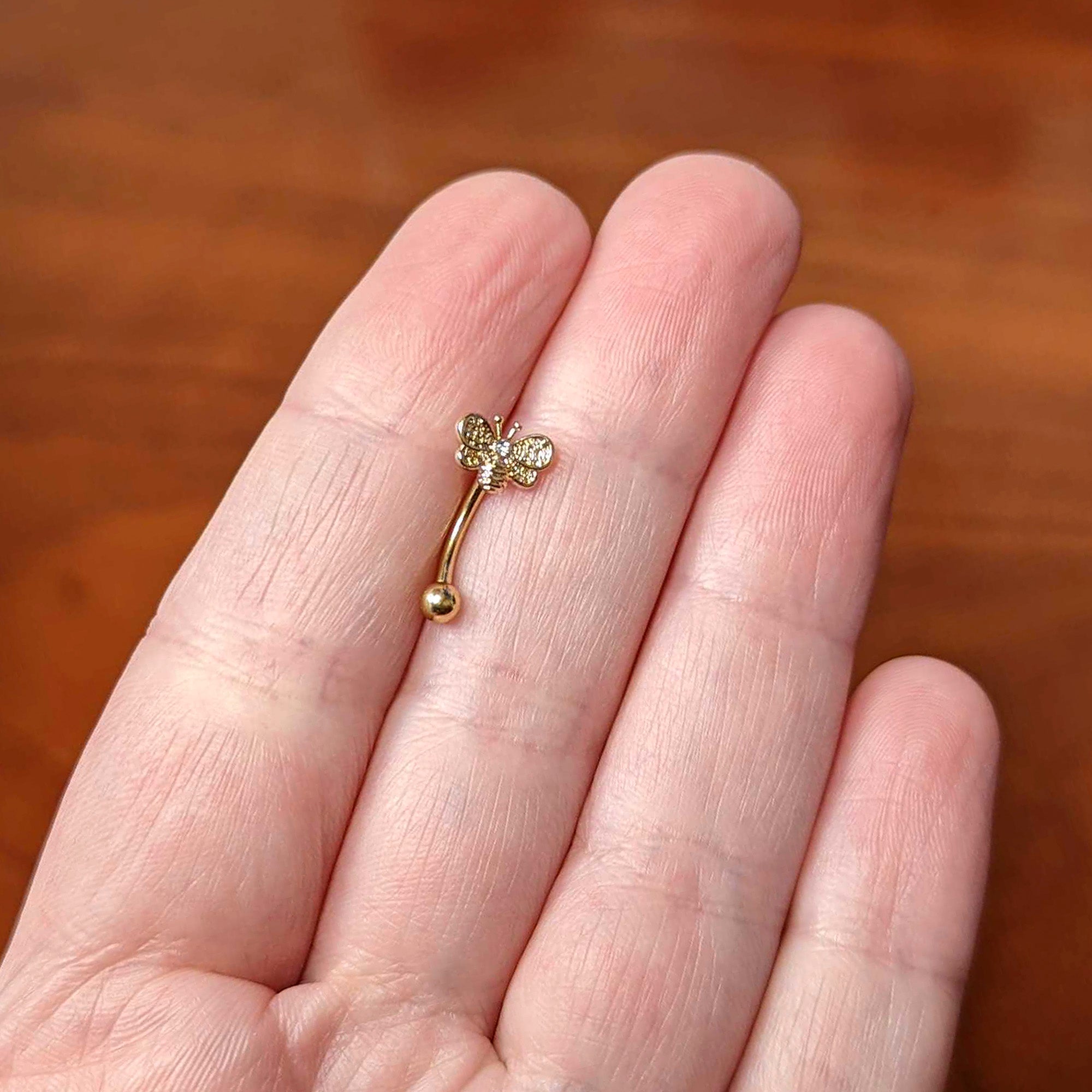 16G 5/16 Clear Gem Gold Tone Beauty Bee Curved Eyebrow Ring