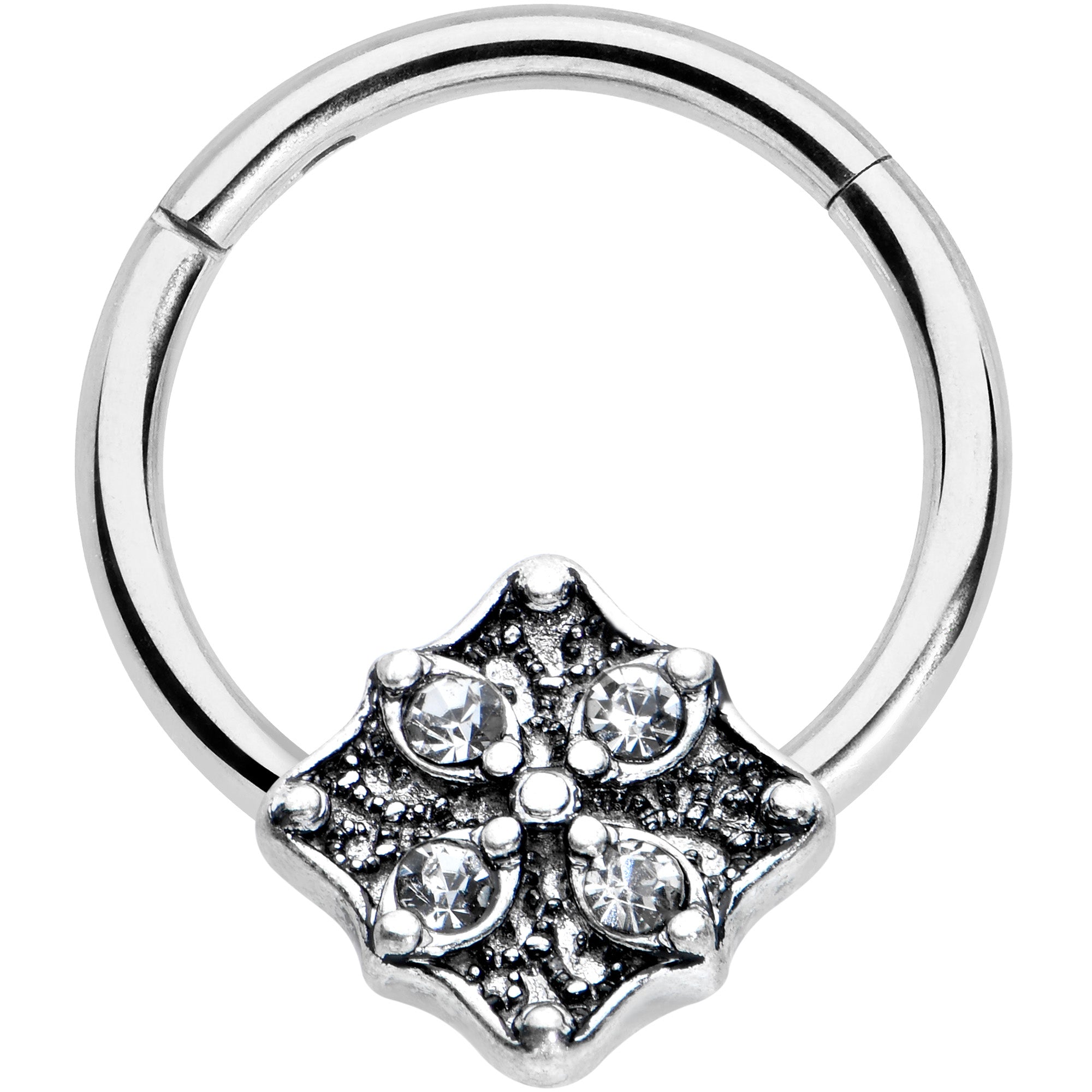 16G 3/8 Clear Gem Rhombus Flower Hinged Segment Ring