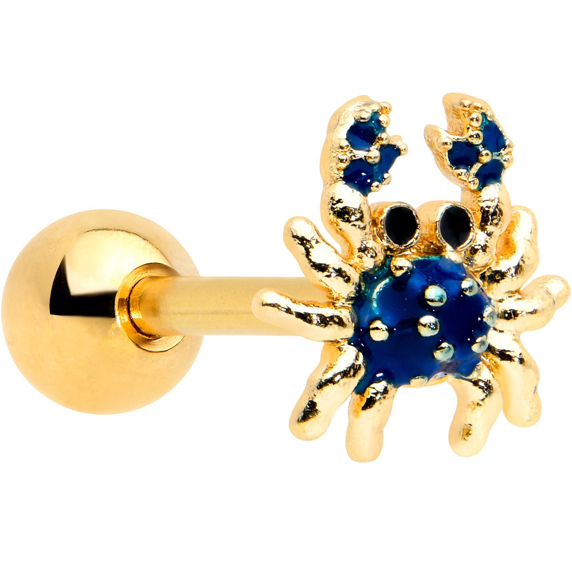 16G 1/4 Gold Tone Blue Crab Nautical Cartilage Tragus Earring