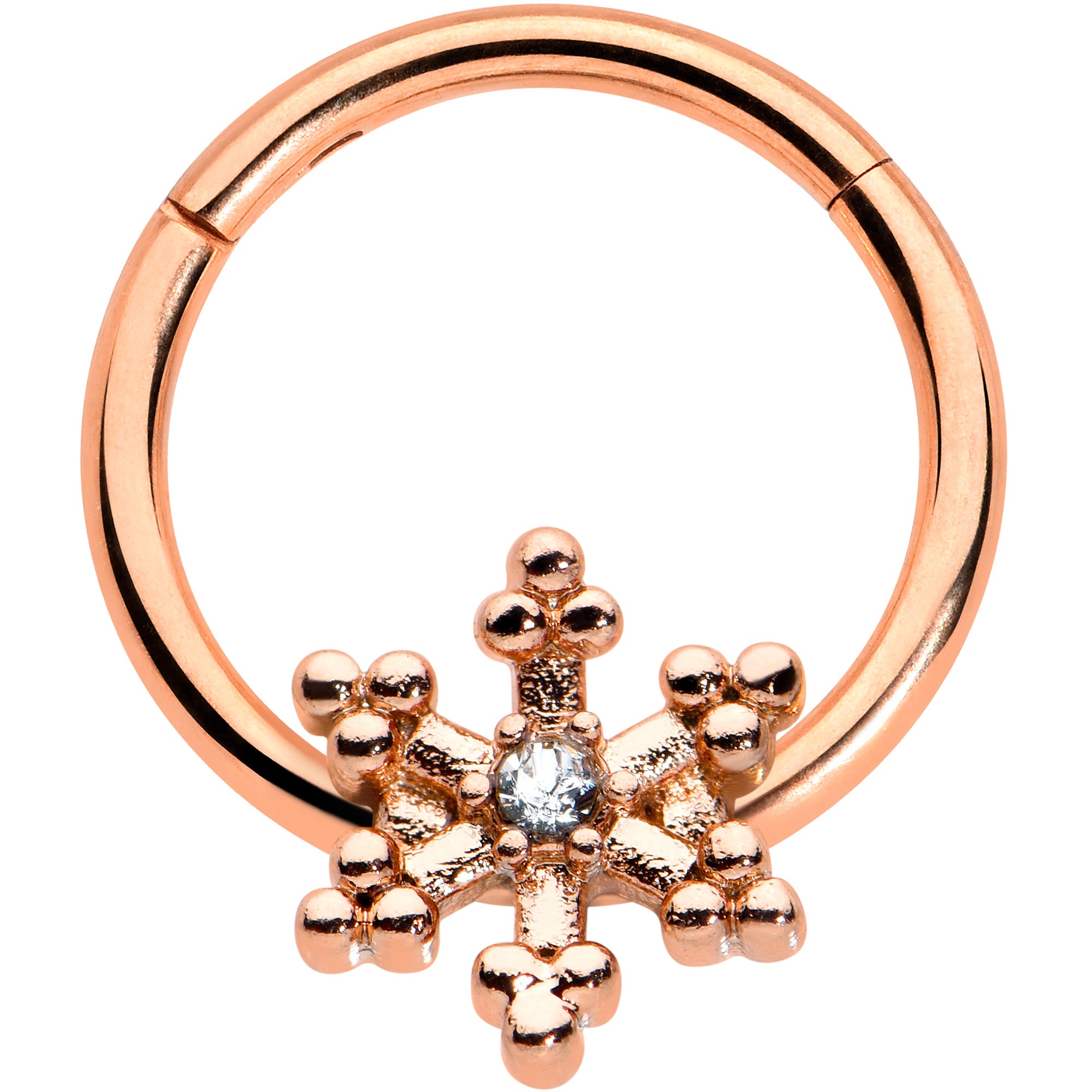 16G 3/8 Clear Gem Rose Gold Tone Snowflake Hinged Segment Ring