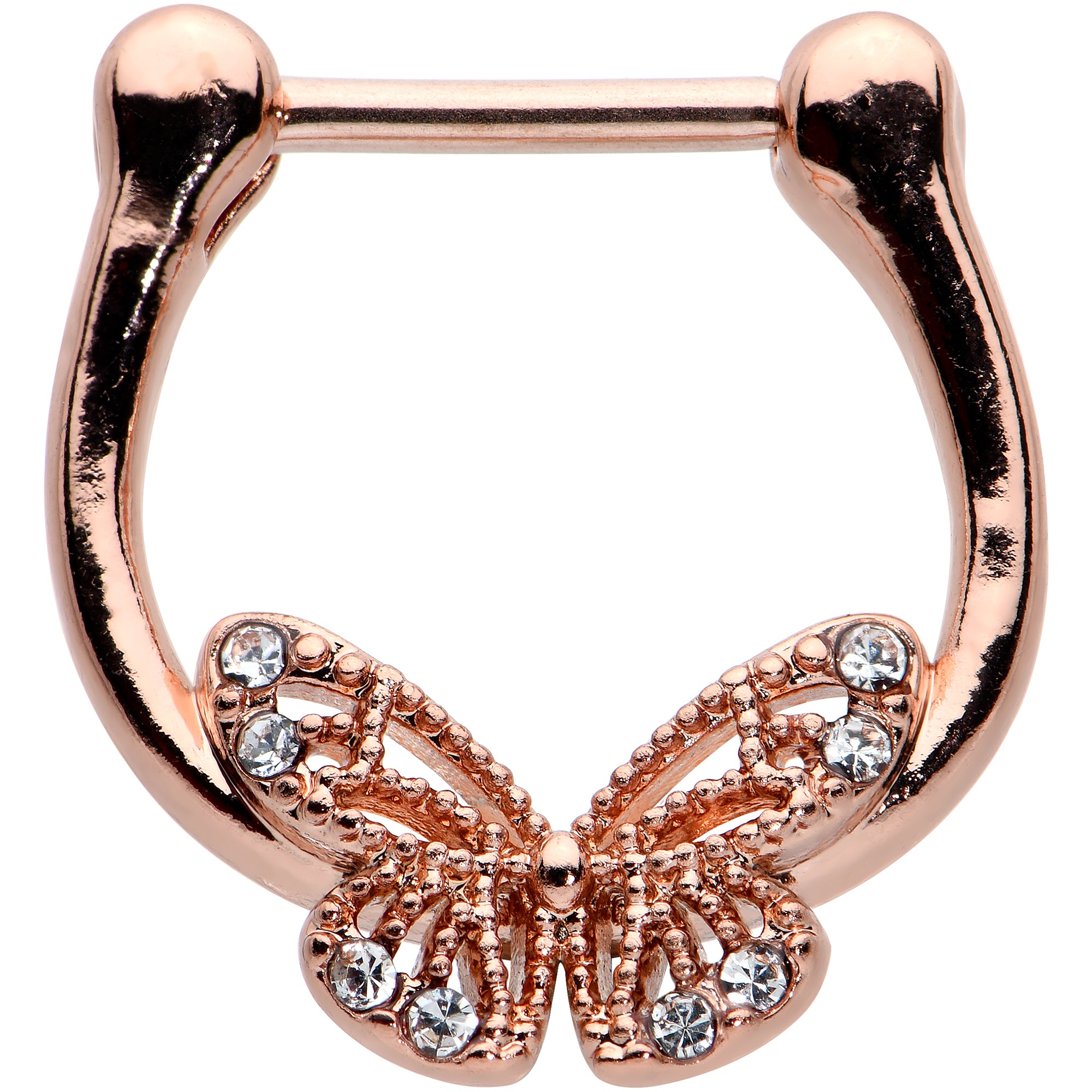 16G 5/16 Clear Gem Rose Gold Hue Airy Butterfly Cartilage Clicker