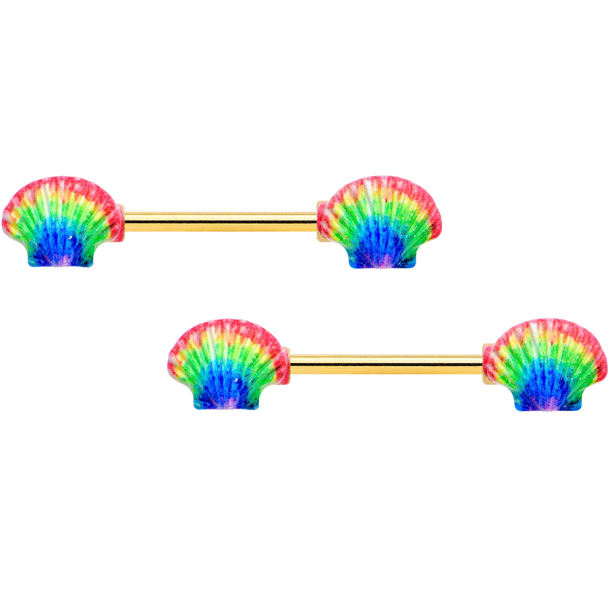 14G 5/8 Gold Tone Rainbow Scallop Shells Barbell Nipple Ring Set