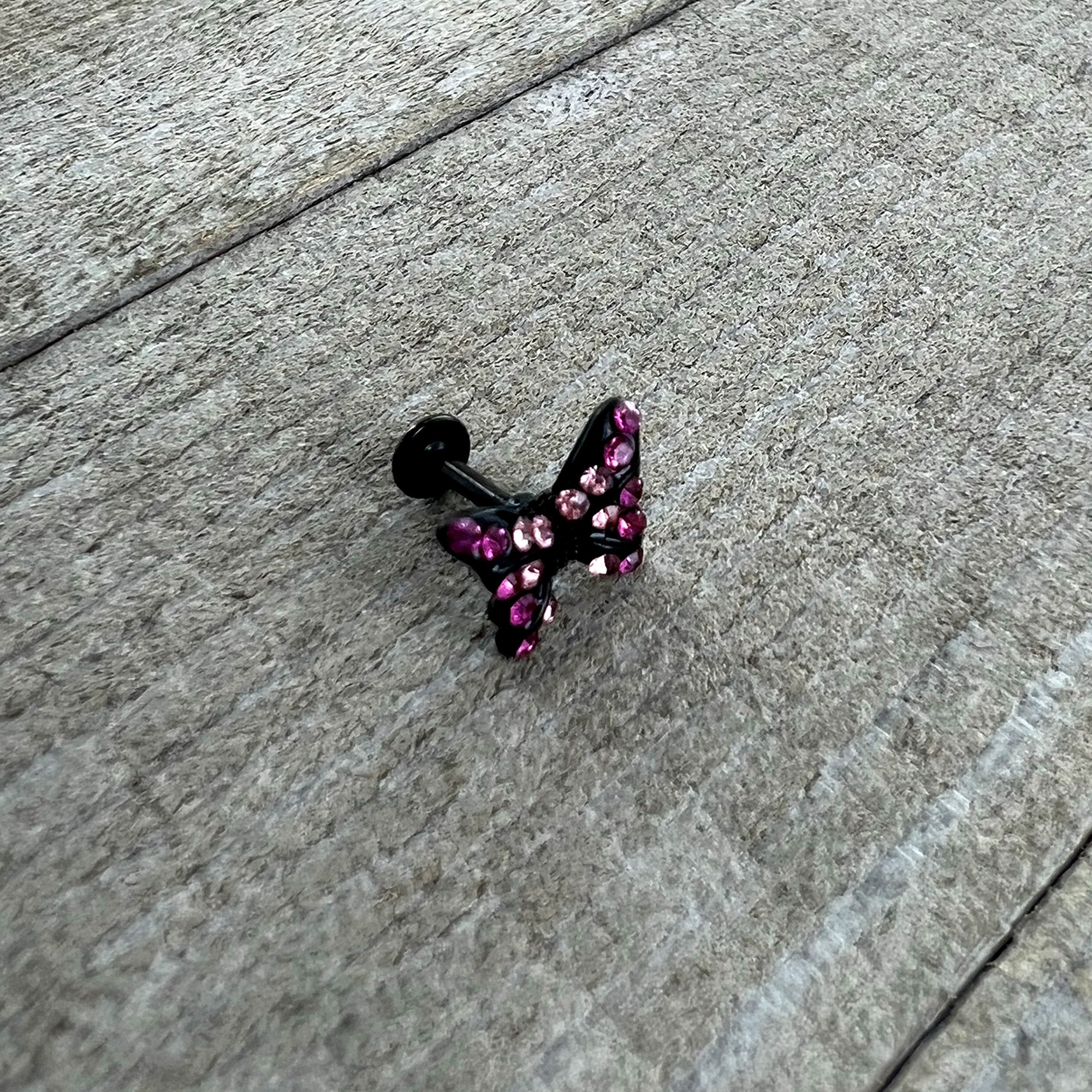 16G 1/4 Pink Gem Black Midnight Butterfly Labret