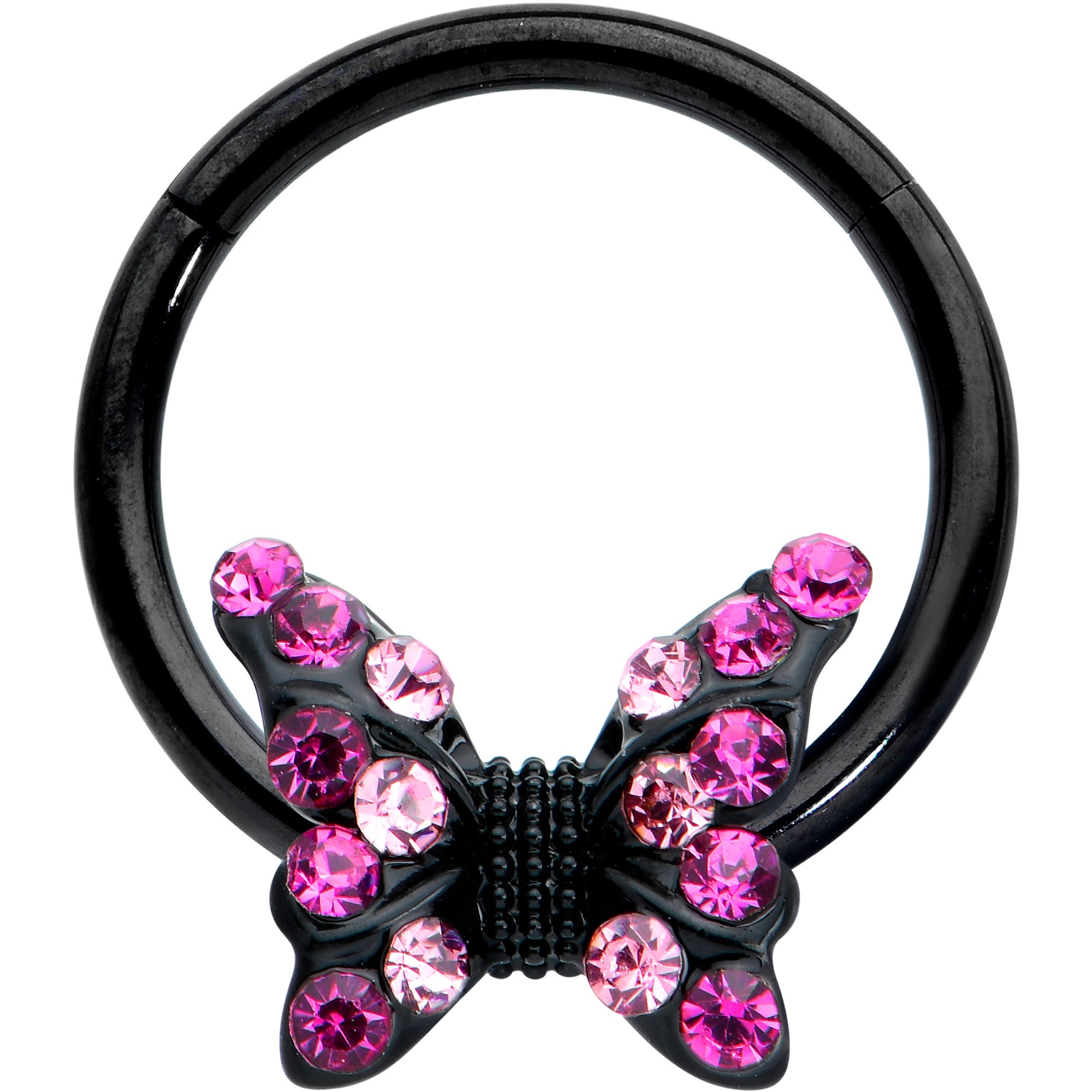 16G 3/8 Pink Gem Black Midnight Butterfly Hinged Segment Ring