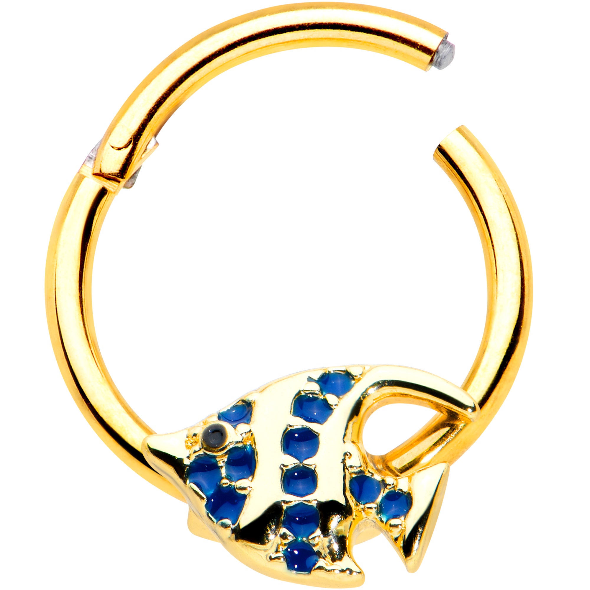 16G 3/8 Blue Gem Gold Tone Adorable Angelfish Hinged Segment Ring