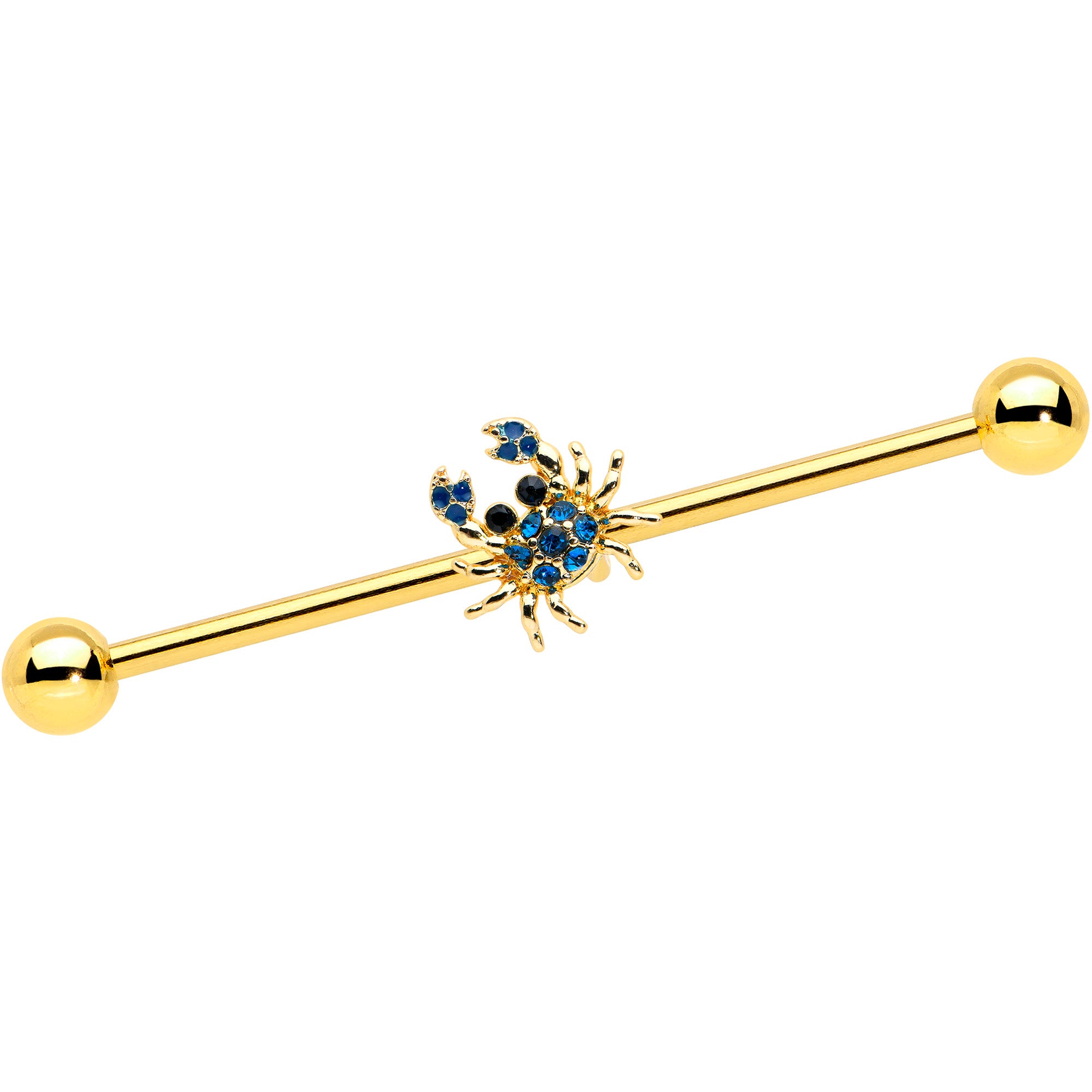 14G Blue Gem Gold Tone Blue Crab Nautical Industrial Barbell 38mm