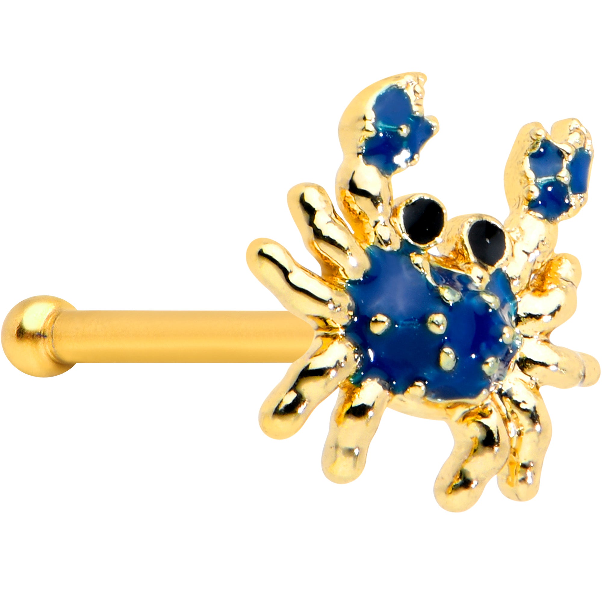 20G 1/4 Black Gem Gold Tone Blue Crab Nautical Nose Bone