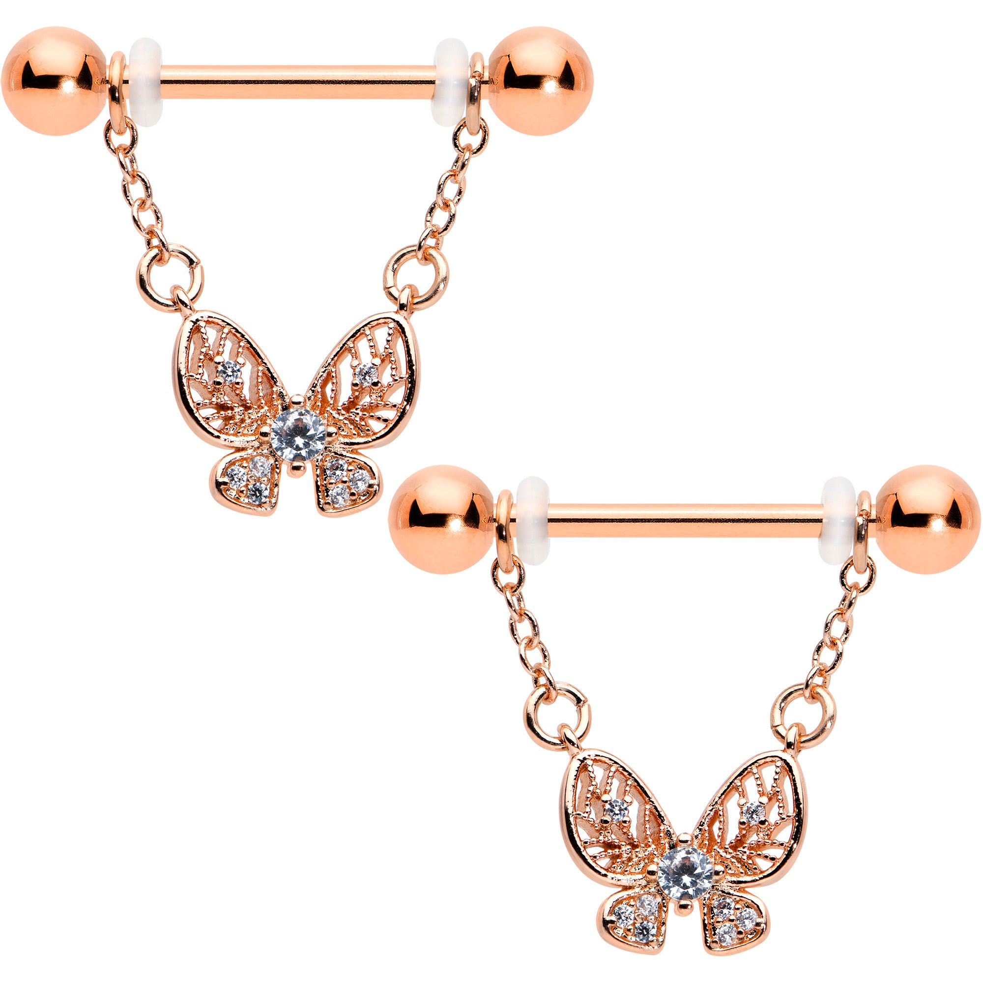 14G 5/8 Clear Gem Rosy Tone Airy Butterfly Dangle Nipple Ring Set