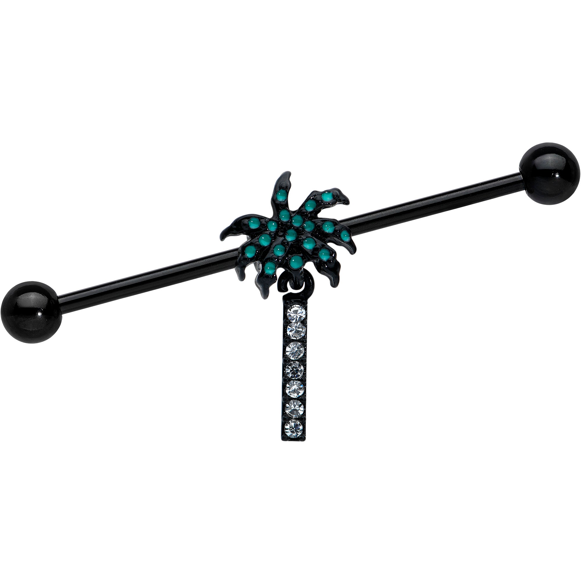 14G Clear Gem Black Night Palm Tree Dangle Industrial Barbell 38mm