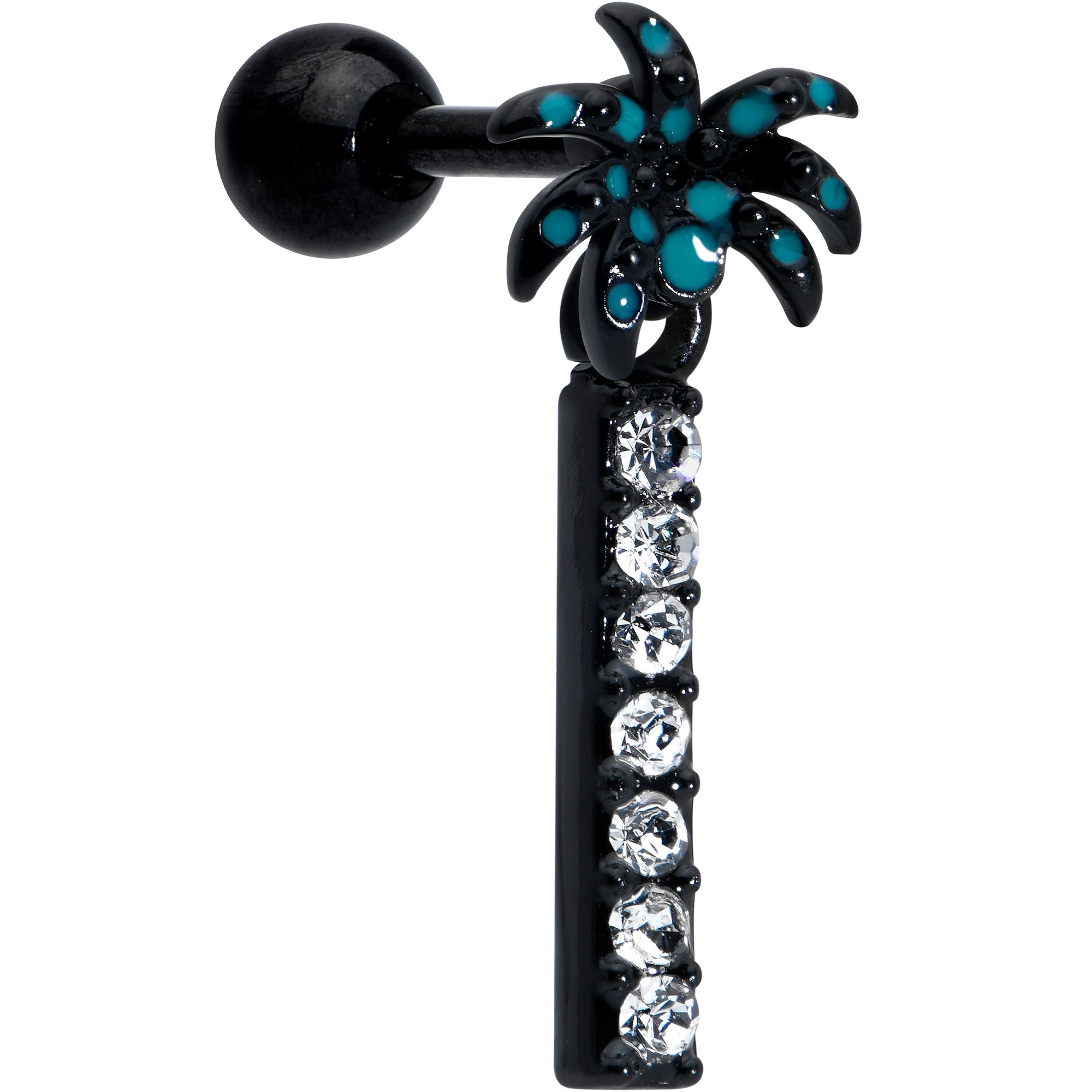 16G 1/4 Clear Gem Black Night Palm Tree Dangle Cartilage Earring